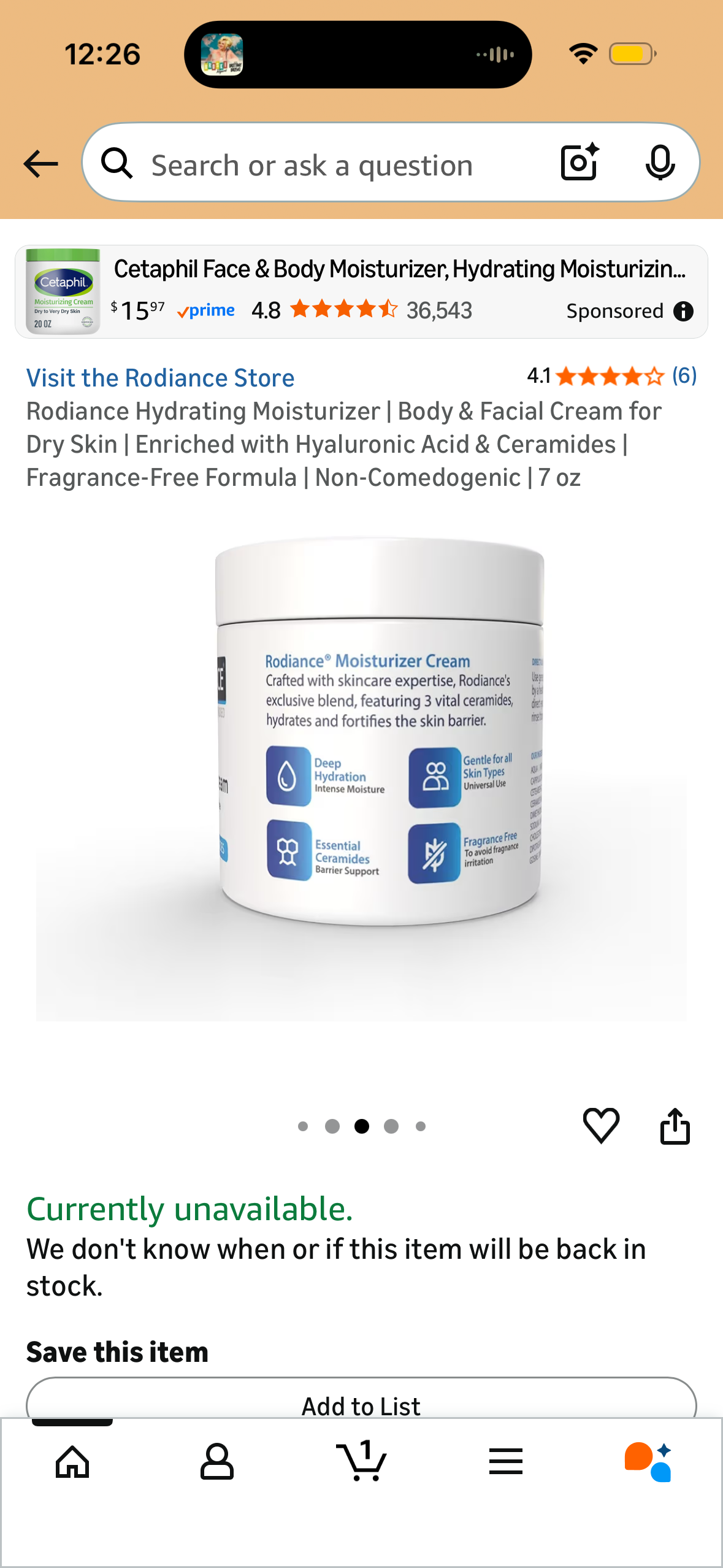 Rodiance Hydrating Moisturizer | Body & Facial Cream for Dry Skin | Enriched with Hyaluronic Acid & Ceramides | Fragrance-Free Formula | Non-Comedogenic | 7 oz