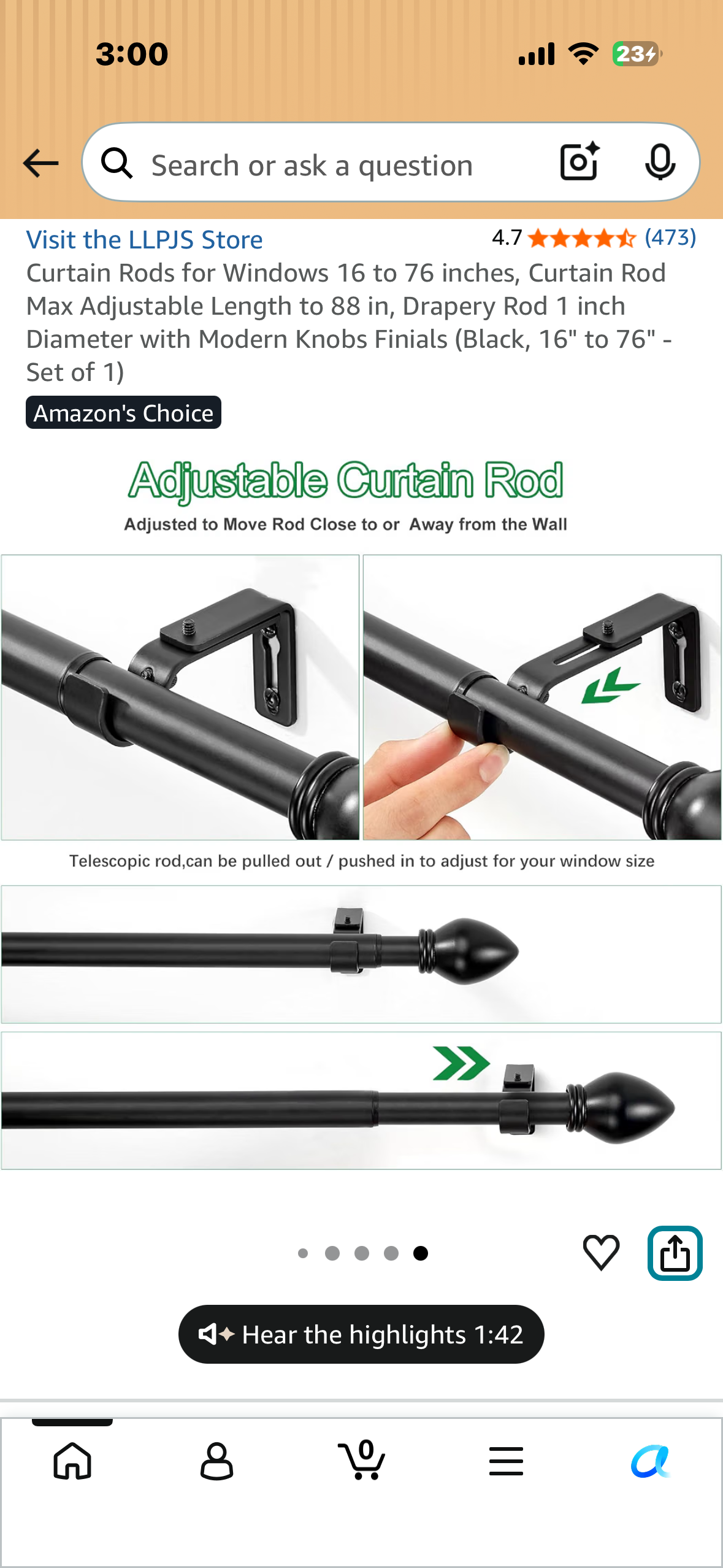 Curtain Rod 16” to 76”, Curtain Rod Max Adjustable Length to 88”, 1” Diameter with Modern Knobs, Finials (Black, Set of 1)