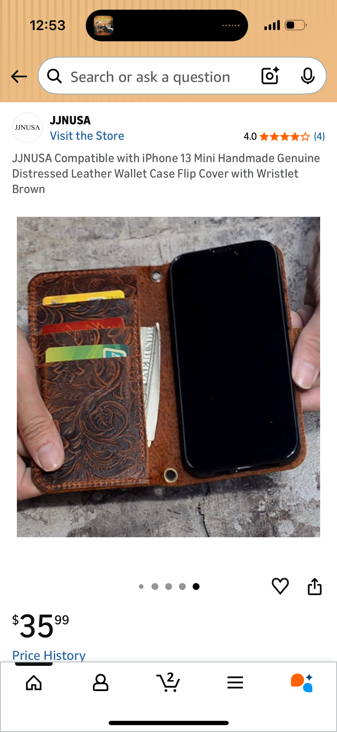 JJNUSA Compatible with iPhone 13 Mini Handmade Genuine Distressed Leather Wallet Case Flip Cover with Wristlet Brown