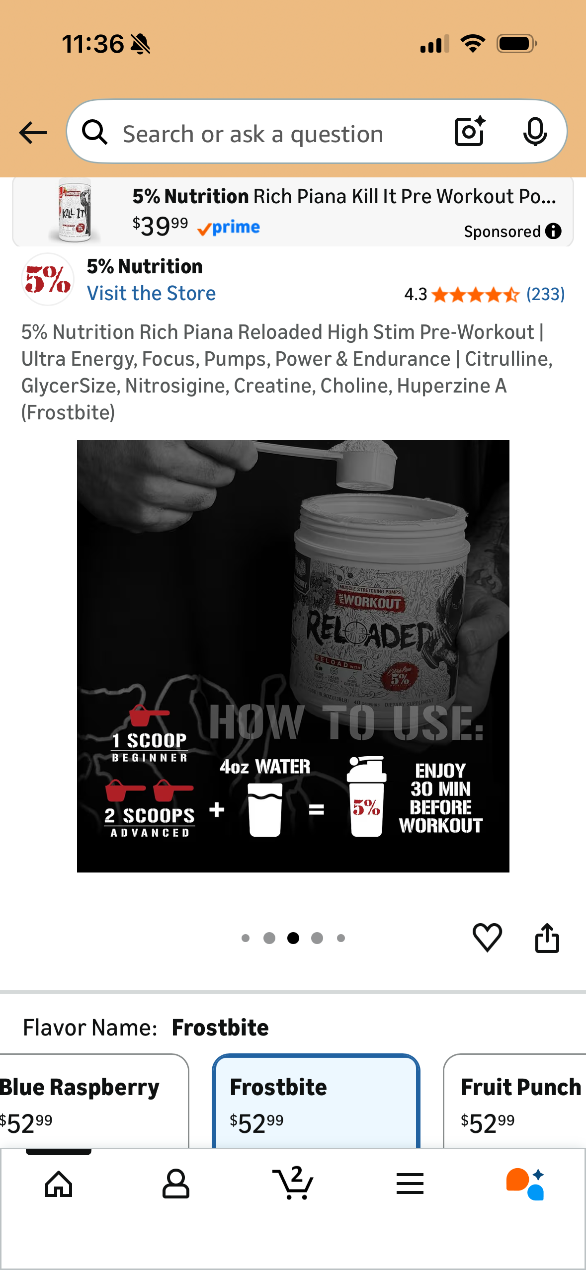 5% Nutrition Rich Piana Reloaded High Stim Pre-Workout | Ultra Energy, Focus, Pumps, Power & Endurance | Citrulline, GlycerSize, Nitrosigine, Creatine, Choline, Huperzine A (Frostbite)