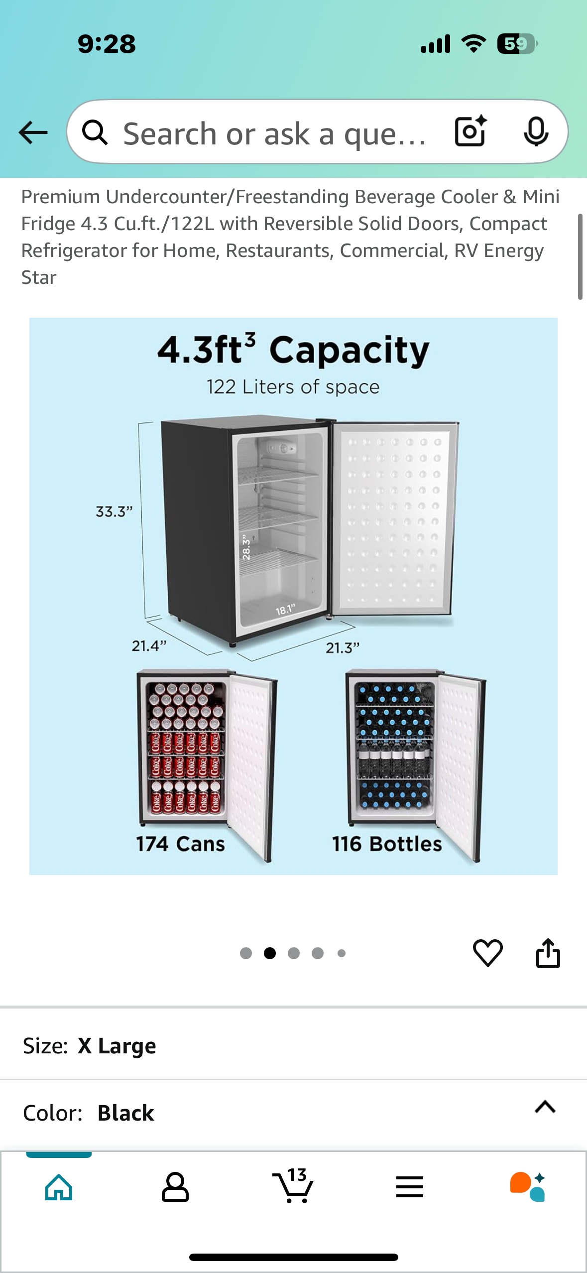 Beverage Cooler & Mini Fridge, 4.3 Cu.ft./ 122L with Reversible Solid Door, (R598)