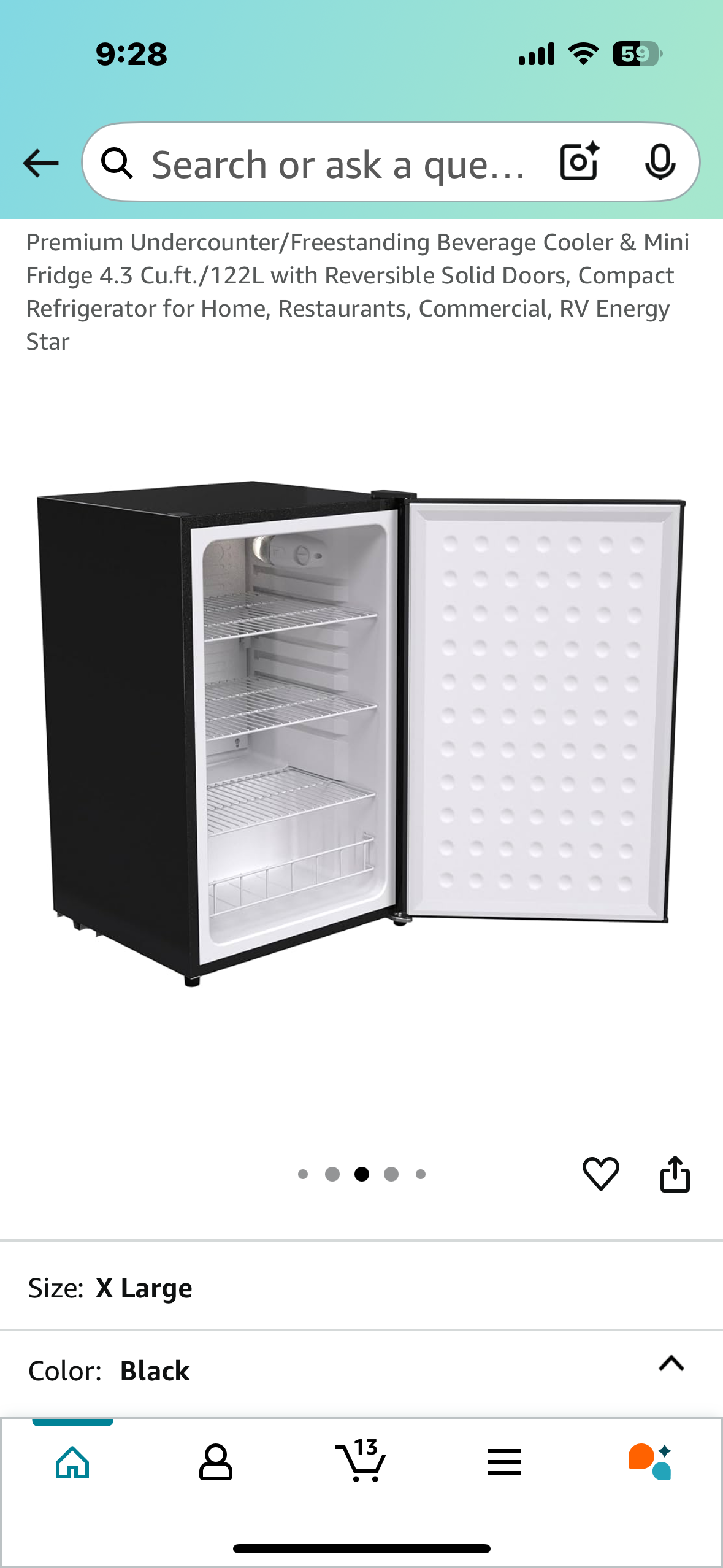 Beverage Cooler & Mini Fridge, 4.3 Cu.ft./ 122L with Reversible Solid Door, (R598)