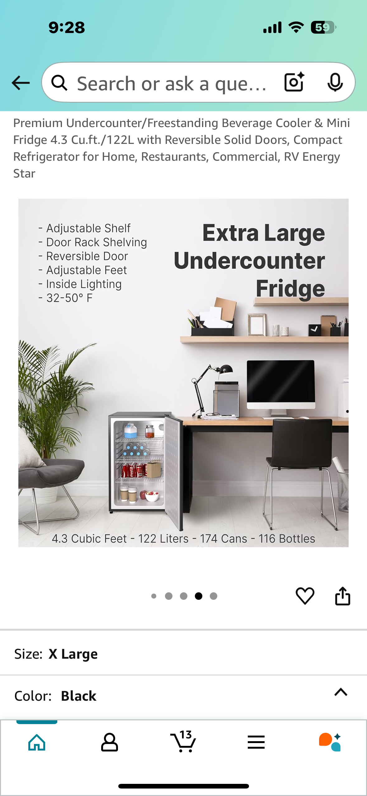 Beverage Cooler & Mini Fridge, 4.3 Cu.ft./ 122L with Reversible Solid Door, (R598)