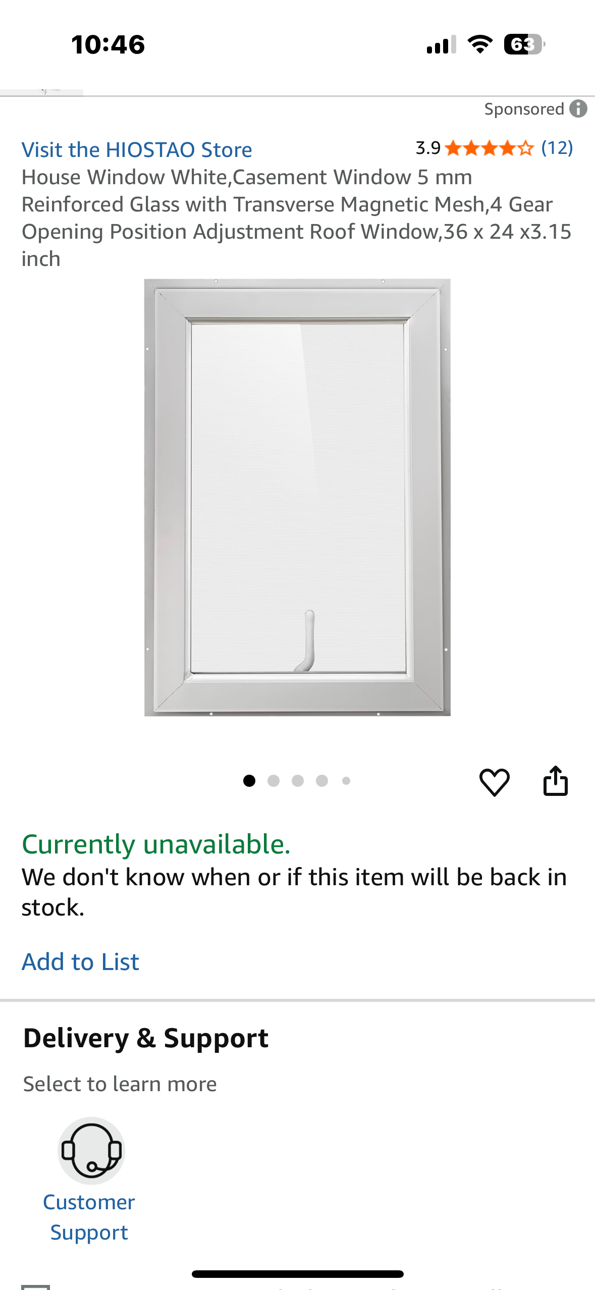 House Window White, Casement Window 5 mm Reinforced Glass with Transverse Magnetic Mesh, 4 Gear Opening Position Adjustment Roof Window, 36 x 24 x3.15 inch (R698)