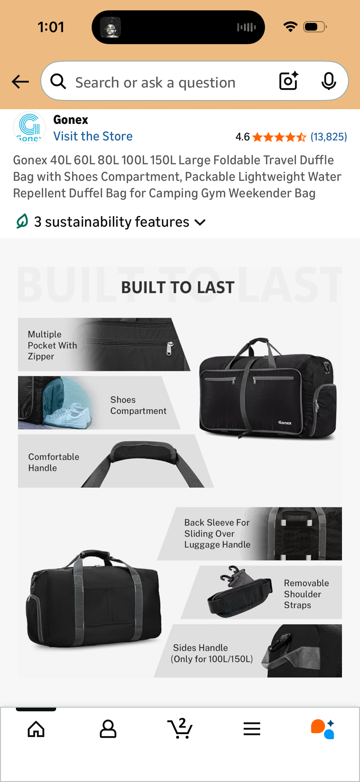 Gonex 60L Large Foldable Travel Duffle Bag with Shoes Compartment, Packable Lightweight Water Repellent Duffel Bag for Camping Gym Weekender Bag