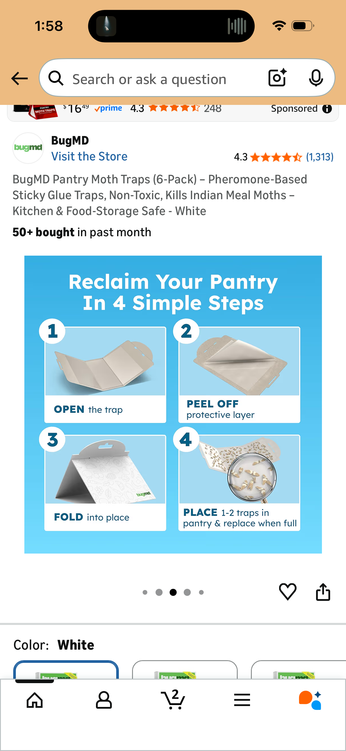 BugMD Pantry Moth Traps (6-Pack) – Pheromone-Based Sticky Glue Traps, Non-Toxic, Kills Indian Meal Moths – Kitchen & Food-Storage Safe - White