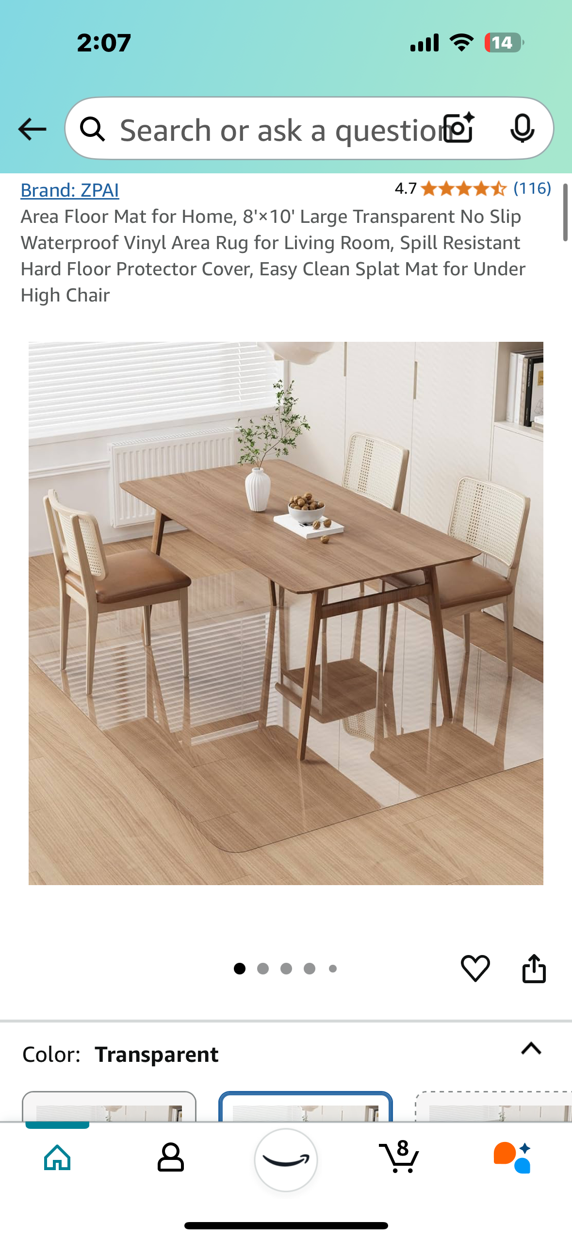 New - Clear Vinyl Area Floor Mat for Home, 8'× 10' Large (L832)