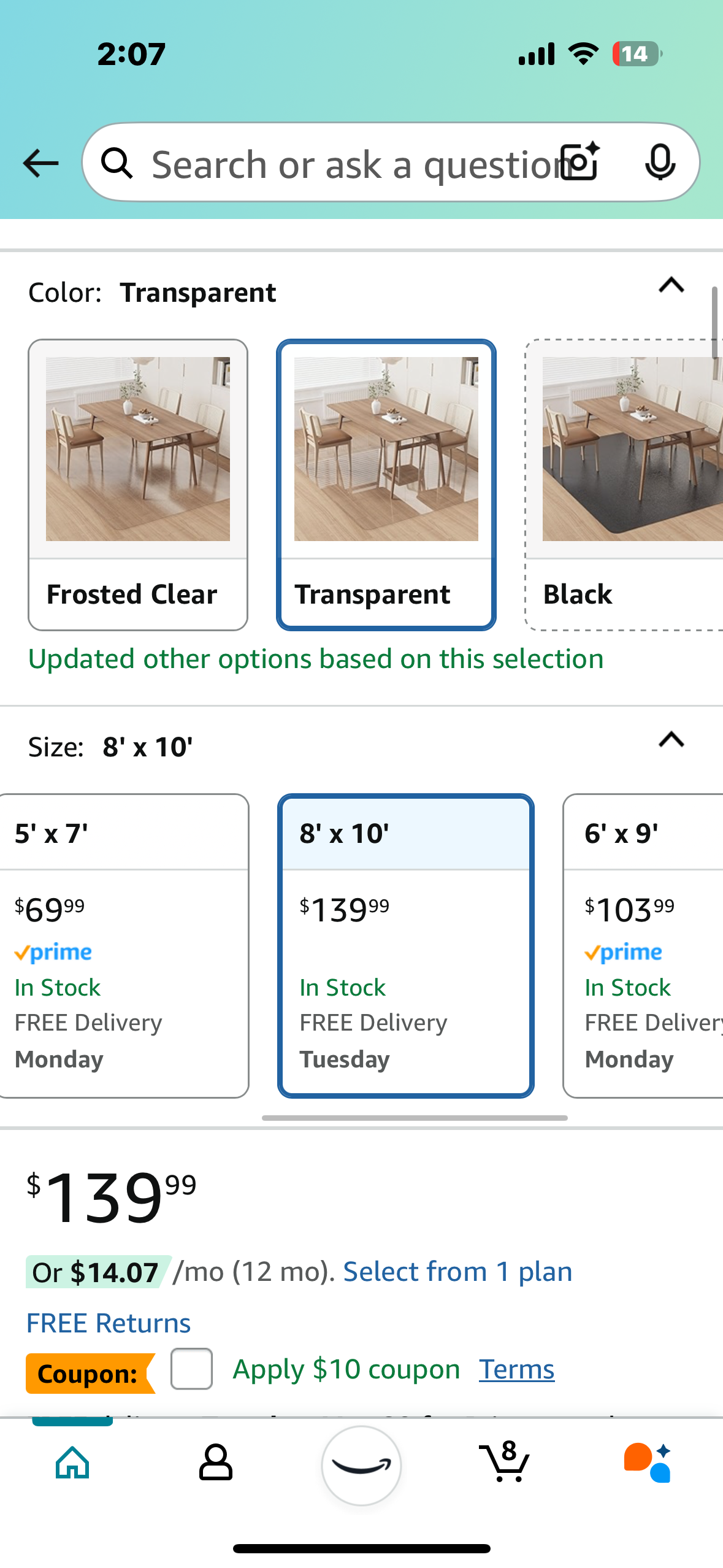 New - Clear Vinyl Area Floor Mat for Home, 8'× 10' Large (L832)