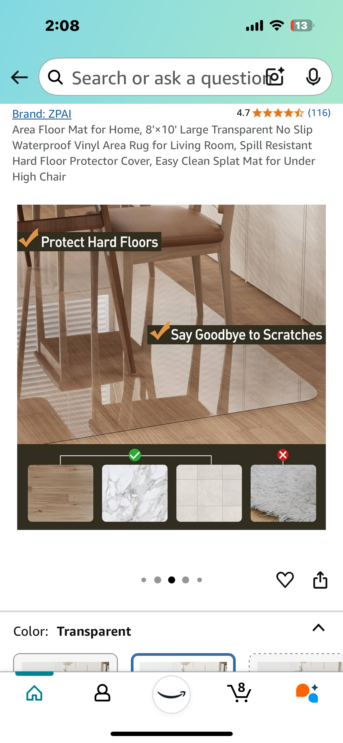 New - Clear Vinyl Area Floor Mat for Home, 8'× 10' Large (L832)