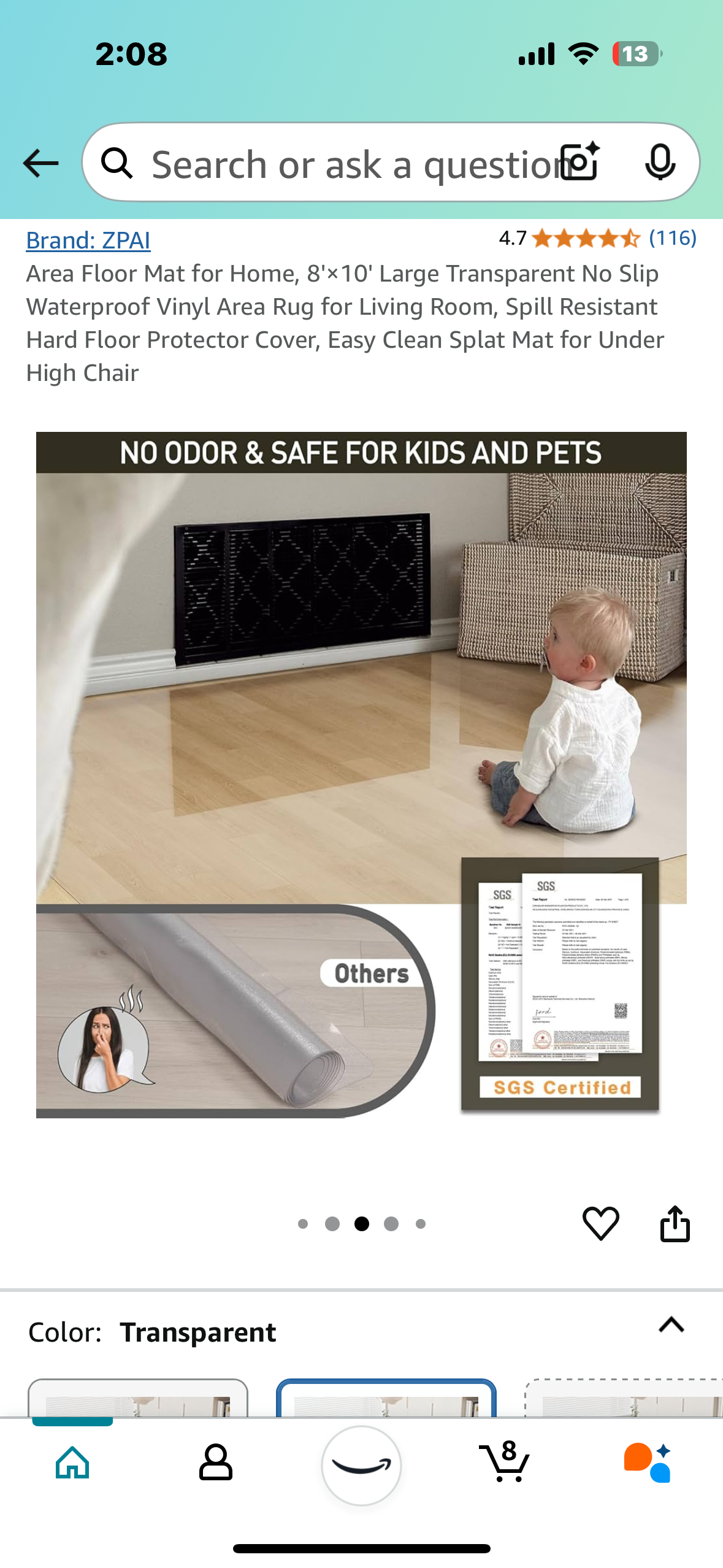 New - Clear Vinyl Area Floor Mat for Home, 8'× 10' Large (L832)