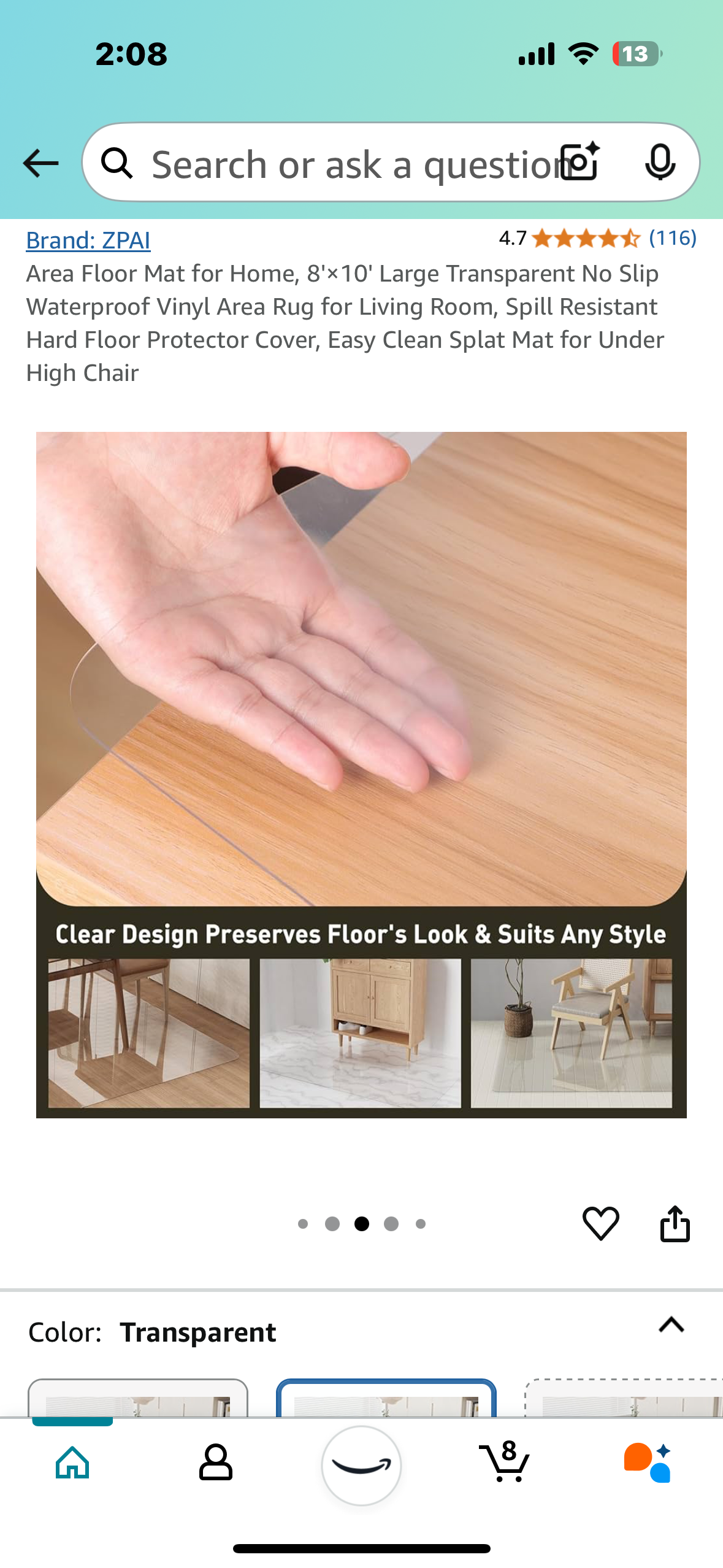 New - Clear Vinyl Area Floor Mat for Home, 8'× 10' Large (L832)