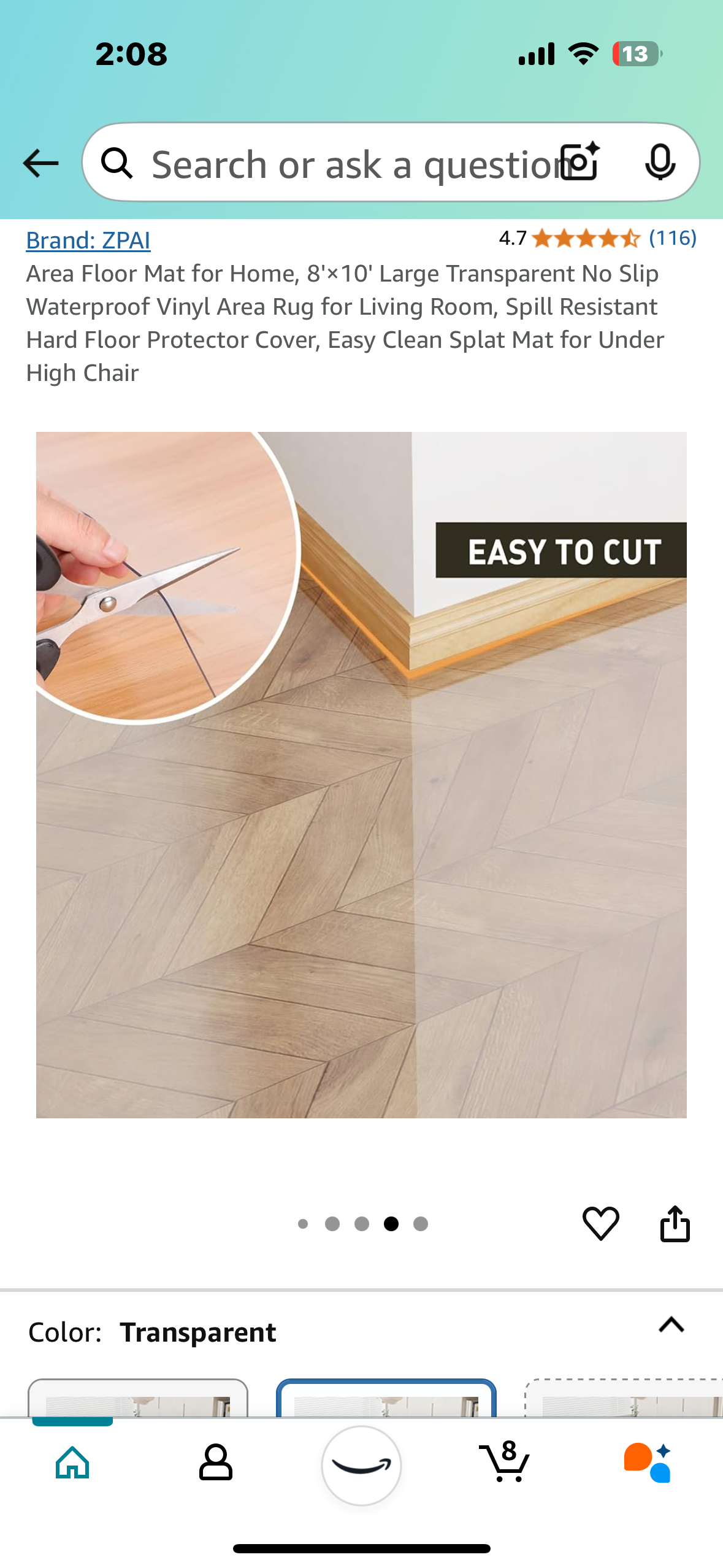 New - Clear Vinyl Area Floor Mat for Home, 8'× 10' Large (L832)