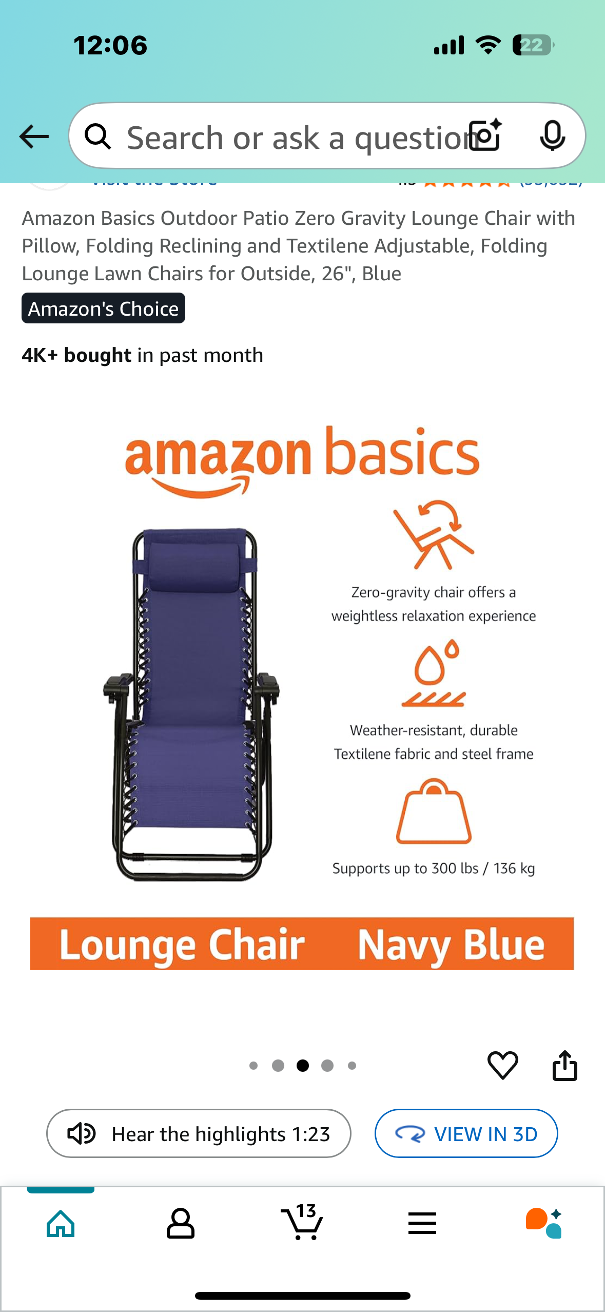 Outdoor Patio Zero Gravity Lounge Chair with Pillow, Folding Reclining with Textilene Material, Fully Adjustable, Extra Wide 26", Navy Blue (G798)