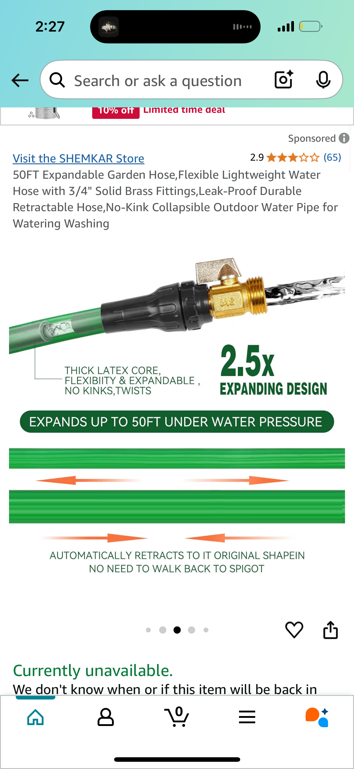 50FT Expandable Garden Hose,Flexible Lightweight Water Hose with 3/4" Solid Brass Fittings,Leak-Proof Durable Retractable Hose,No-Kink Collapsible Outdoor Water Pipe for Watering Washing
