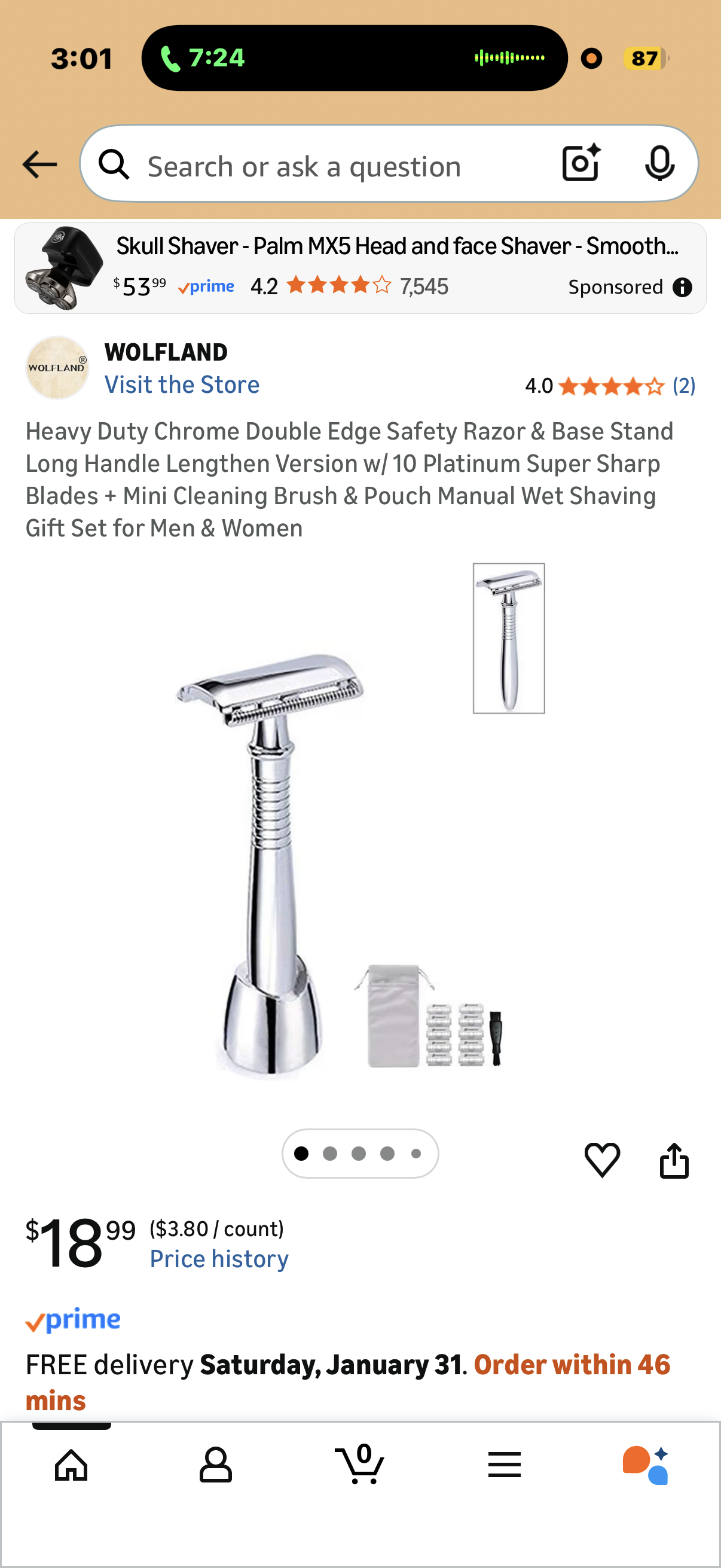 Heavy Duty Chrome Double Edge Safety Razor & Base Stand Long Handle Lengthen Version w/ 10 Platinum Super Sharp Blades + Mini Cleaning Brush & Pouch Manual Wet Shaving Gift Set for Men & Women