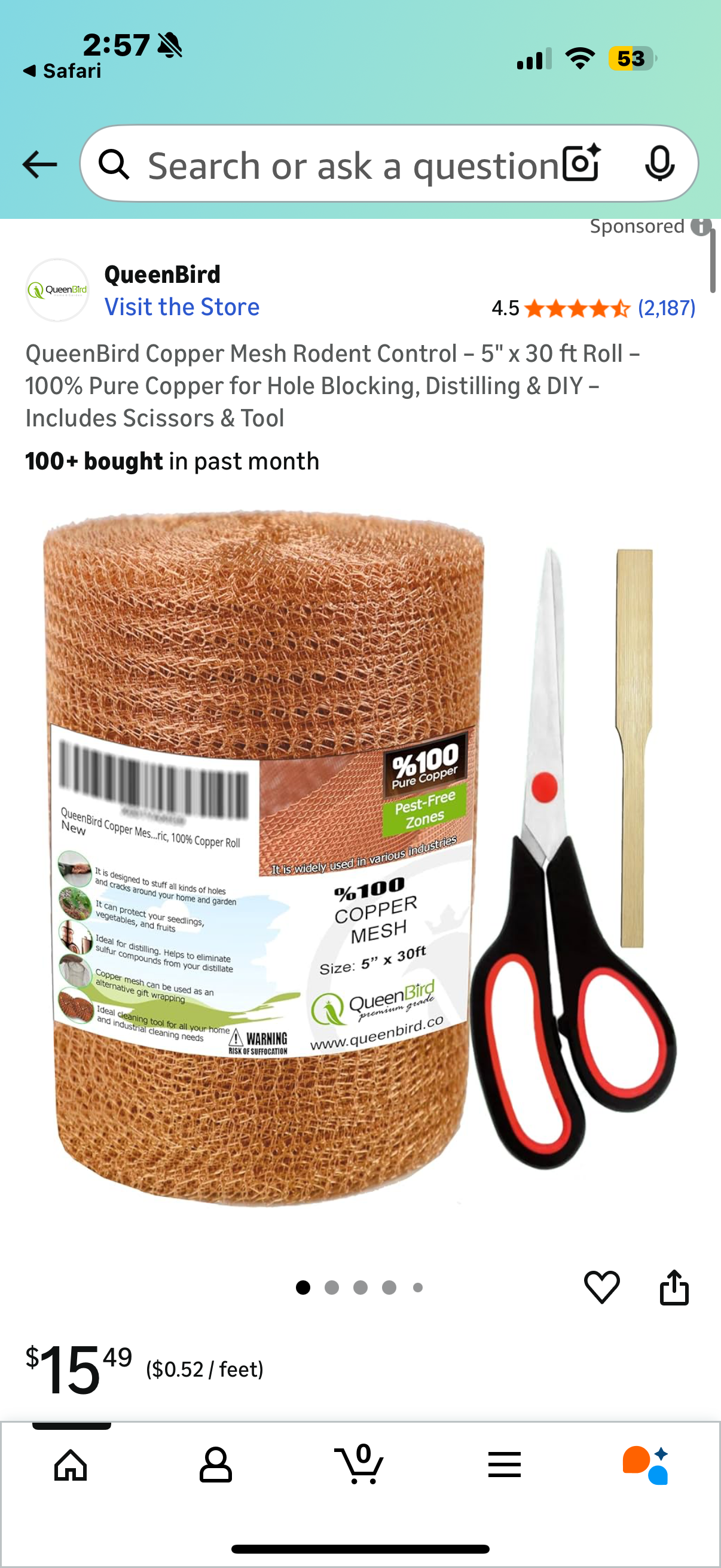 QueenBird Copper Mesh Rodent Control – 4” x 60ft Roll – 100% Pure Copper for Hole Blocking, Distilling & DIY – Includes Scissors & Tool 100+ bought in past month
