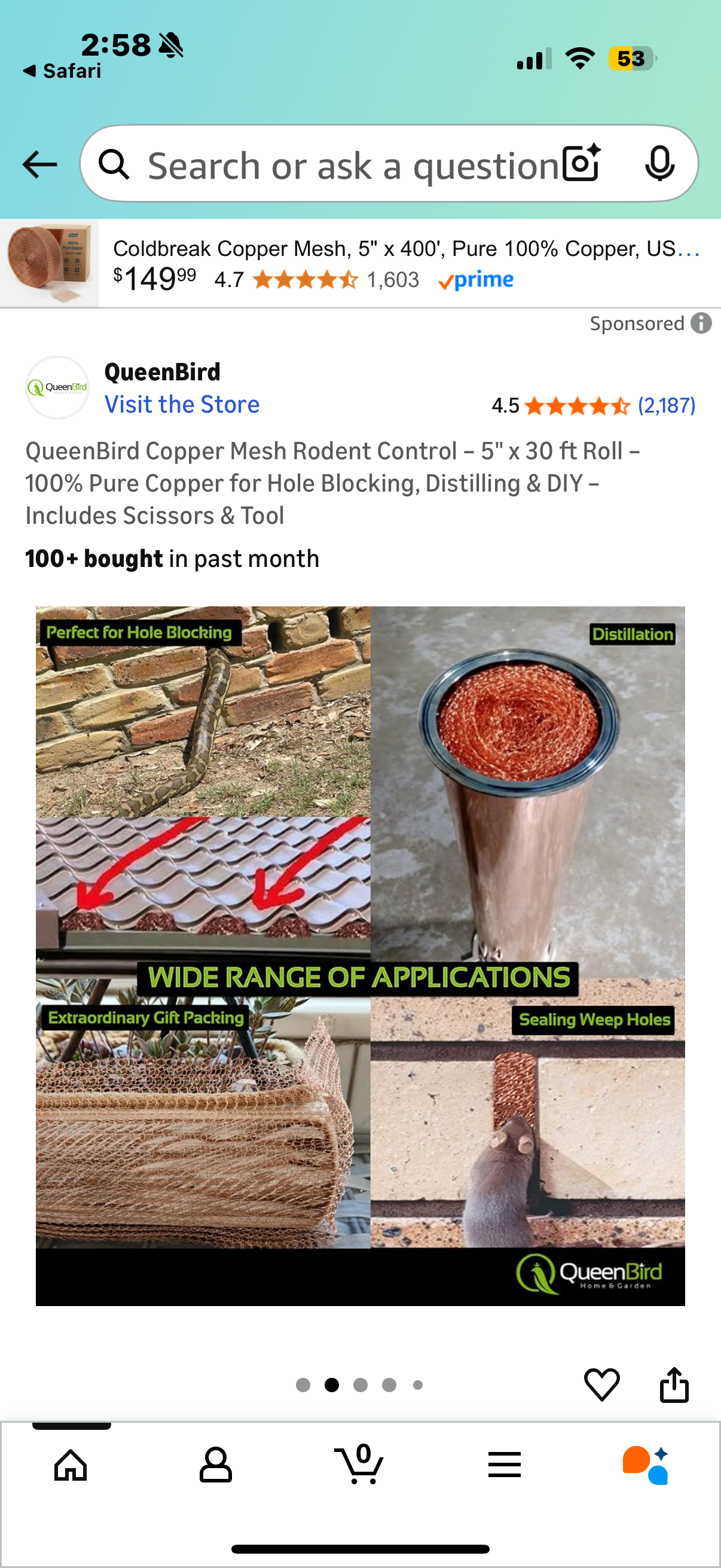 QueenBird Copper Mesh Rodent Control – 4” x 60ft Roll – 100% Pure Copper for Hole Blocking, Distilling & DIY – Includes Scissors & Tool 100+ bought in past month