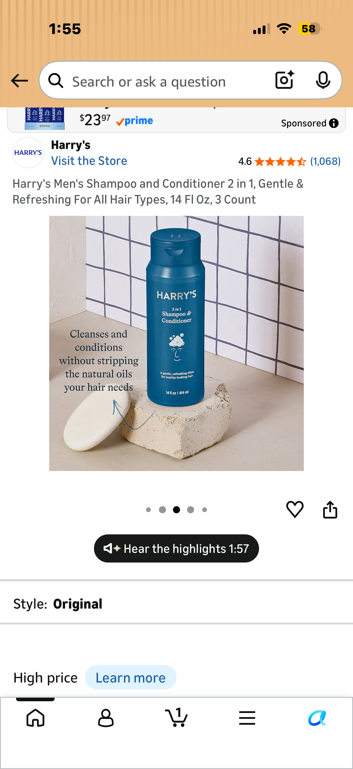 3 pack Harry's Men's Shampoo and Conditioner 2 in 1, Gentle & Refreshing For All Hair Types, 14 Fl Oz, 3 Count
