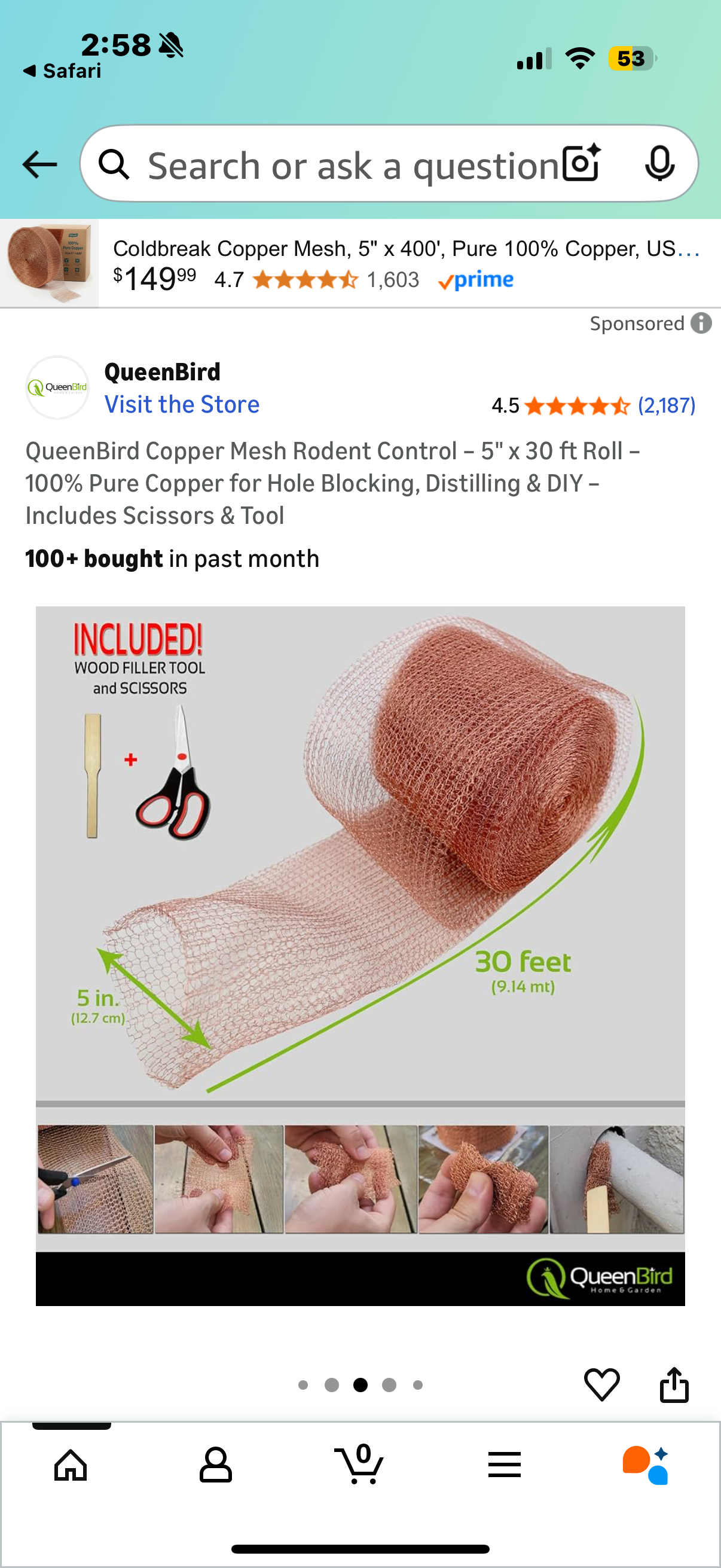 QueenBird Copper Mesh Rodent Control – 4” x 60ft Roll – 100% Pure Copper for Hole Blocking, Distilling & DIY – Includes Scissors & Tool 100+ bought in past month