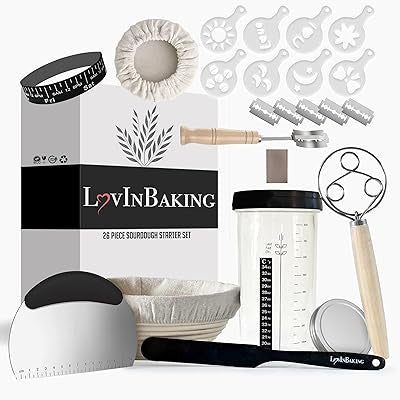 LovInBaking, Sourdough Starter Kit - Complete Bread Making Kit, with Proofing Basket, Danish Whisk, Bread Lame, Glass Jar, Spatula, and Stencils for Baking Homemade Sourdough Bread