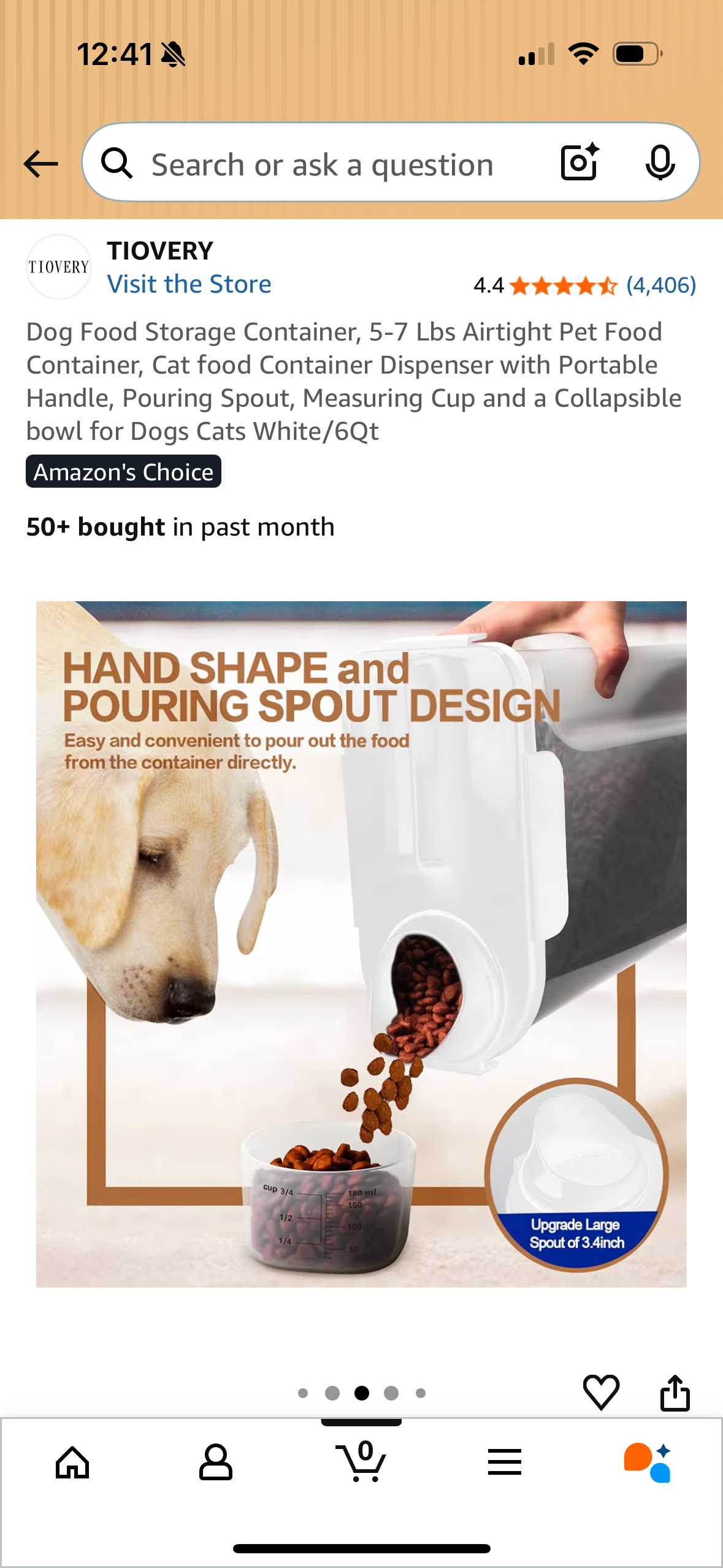 Dog Food Storage Container, 5-7 Lbs Airtight Pet Food Container, Cat food Container Dispenser with Portable Handle, Pouring Spout, Measuring Cup and a Collapsible bowl for Dogs Cats White/6Qt