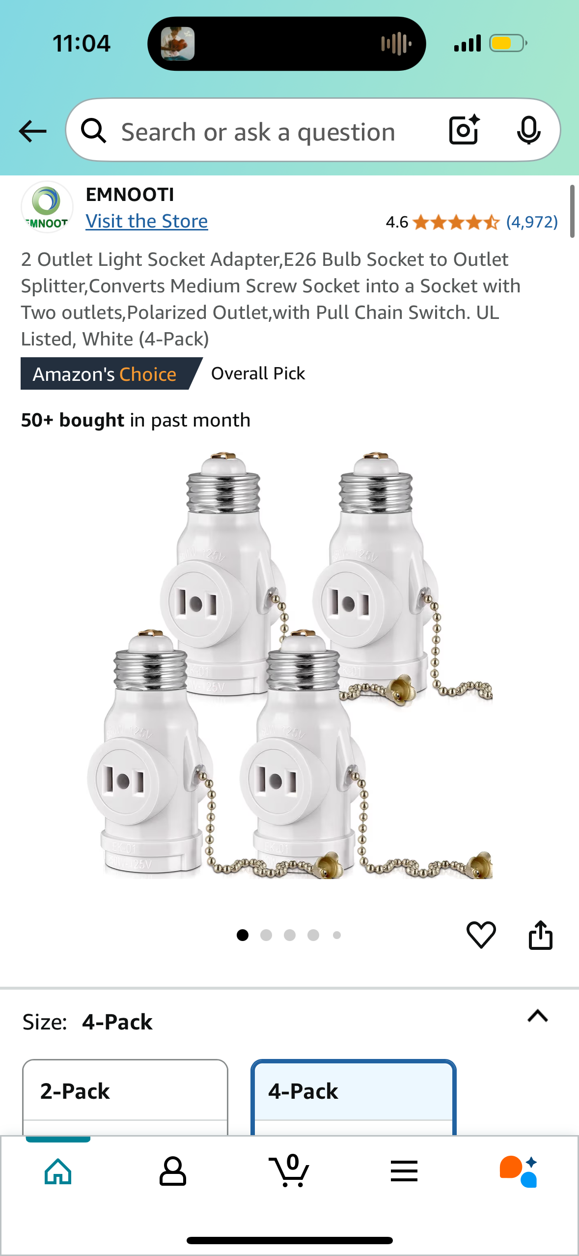 Outlet Light Socket Adapter,E26 Bulb Socket to Outlet Splitter,Converts Medium Screw Socket into a Socket with Two outlets,Polarized Outlet,with Pull Chain Switch. UL Listed, White (4-Pack)