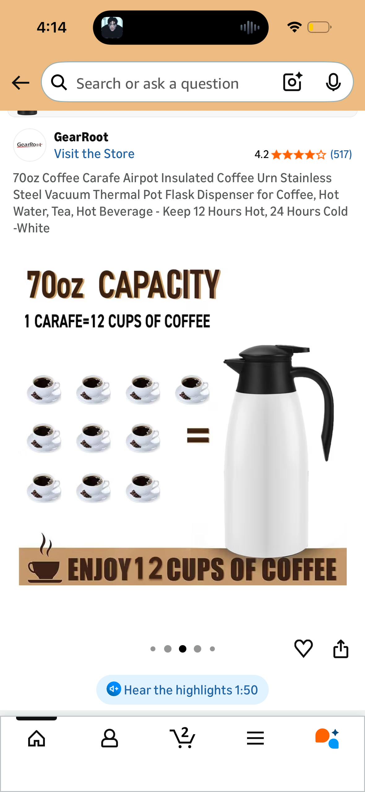 Tgvasz 68oz Thermal Coffee Carafe - Insulated Stainless Steel Vacuum Pot for Hot Liquids, Water - Keeps Hot 12 Hours (Black+White)