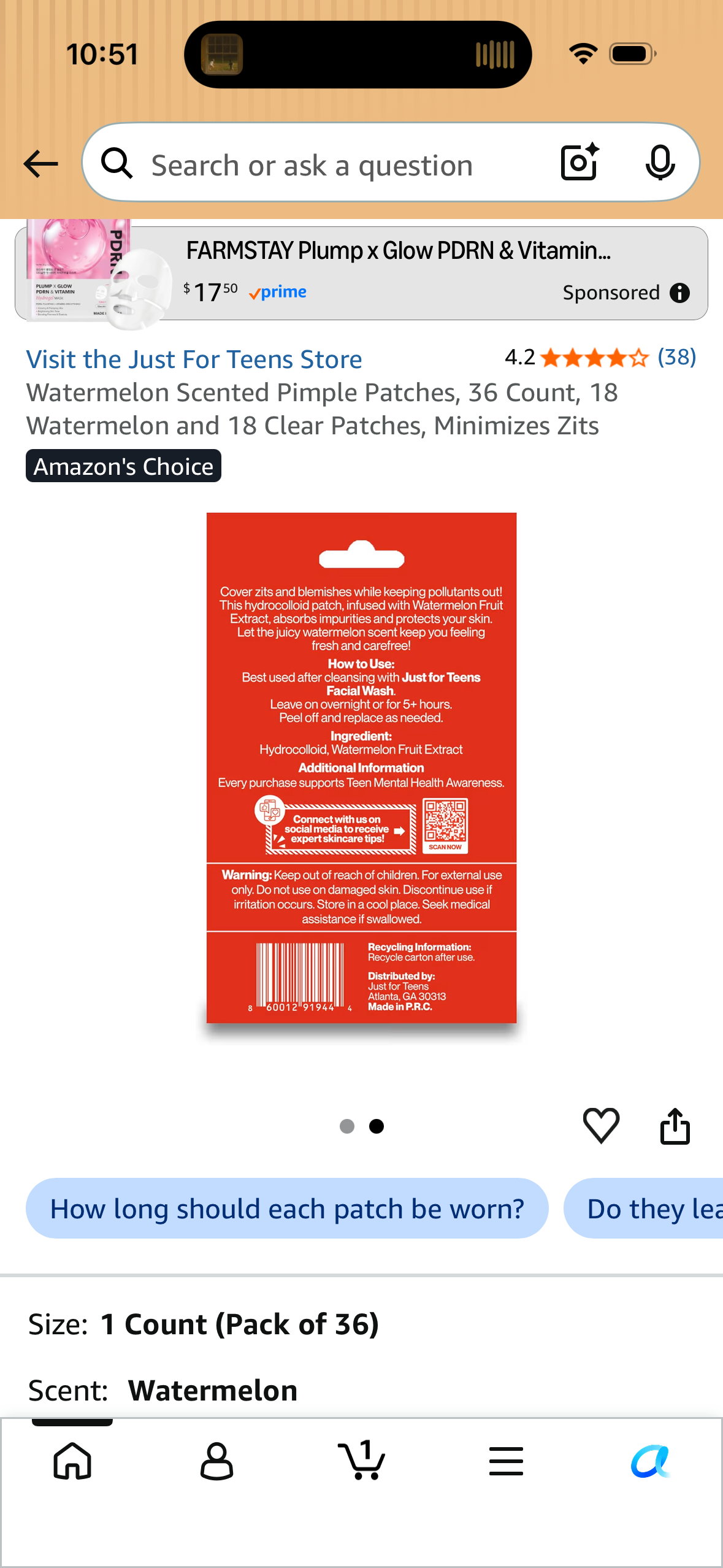 Watermelon Scented Pimple Patches, 36 Count, 18 Watermelon and 18 Clear Patches, Minimizes Zits