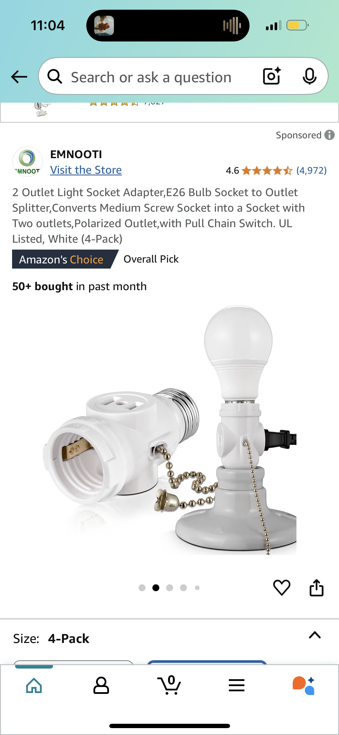Outlet Light Socket Adapter,E26 Bulb Socket to Outlet Splitter,Converts Medium Screw Socket into a Socket with Two outlets,Polarized Outlet,with Pull Chain Switch. UL Listed, White (4-Pack)