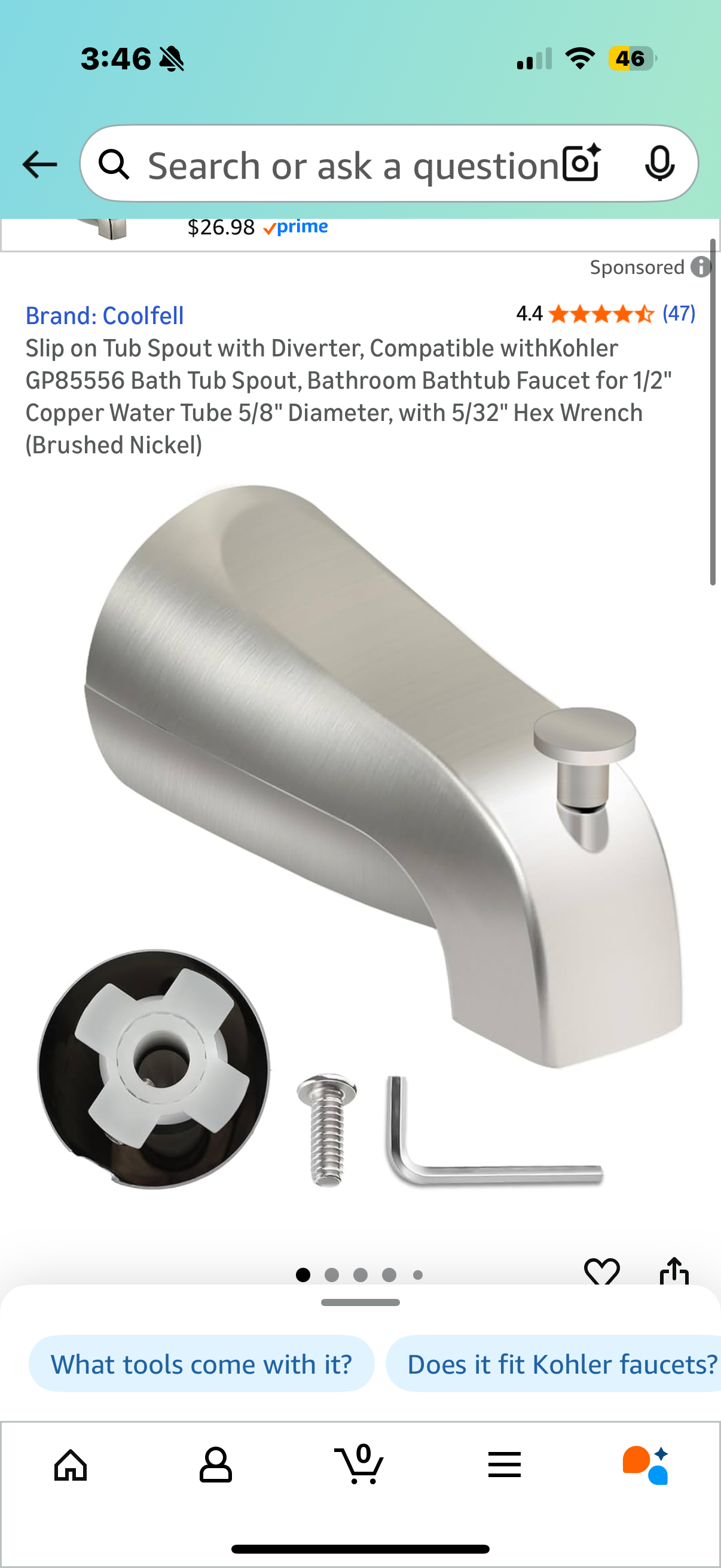 Slip on Tub Spout with Diverter, Compatible withKohler GP85556 Bath Tub Spout, Bathroom Bathtub Faucet for 1/2" Copper Water Tube 5/8" Diameter, with 5/32" Hex Wrench (Brushed Nickel