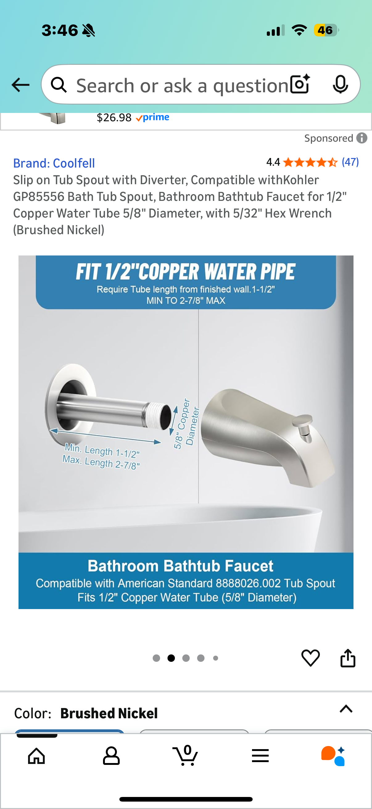 Slip on Tub Spout with Diverter, Compatible withKohler GP85556 Bath Tub Spout, Bathroom Bathtub Faucet for 1/2" Copper Water Tube 5/8" Diameter, with 5/32" Hex Wrench (Brushed Nickel
