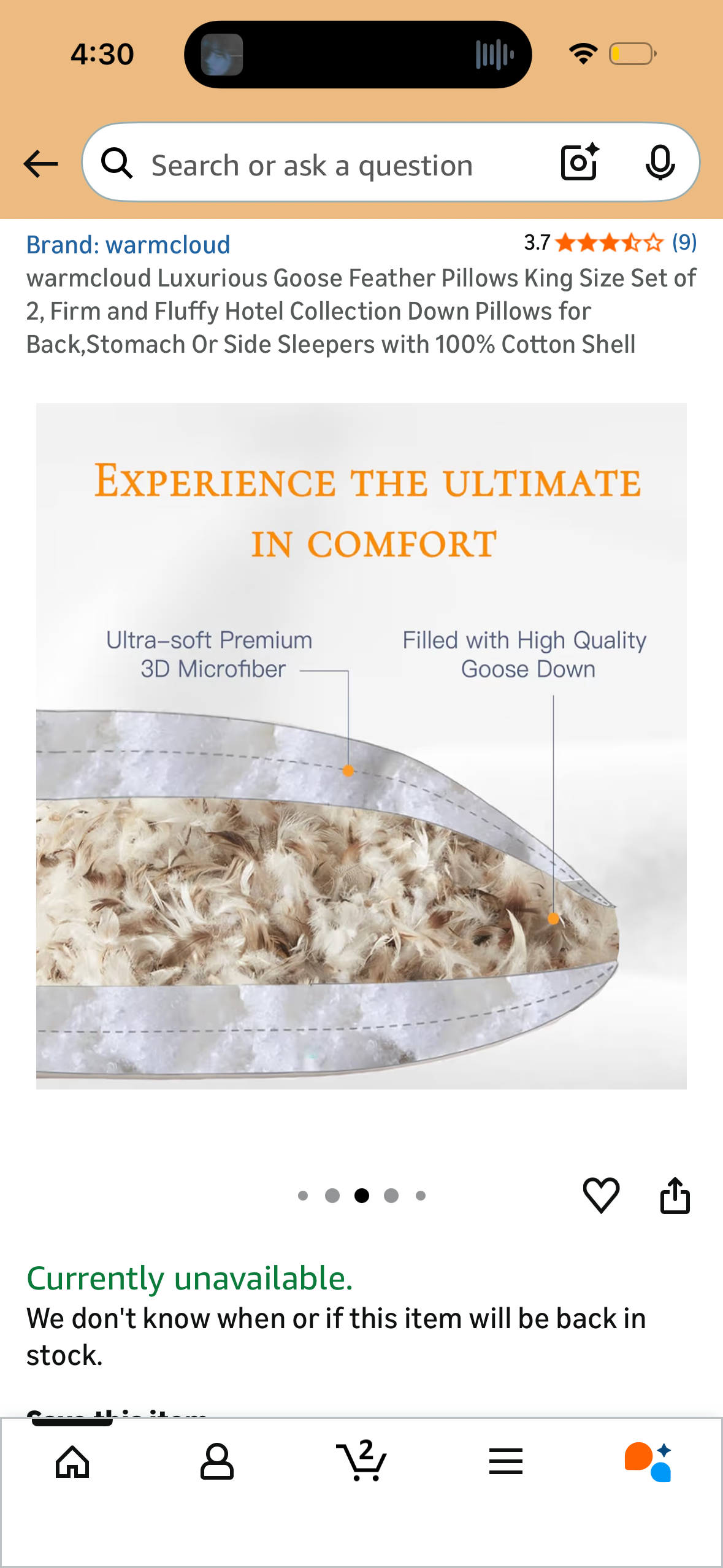 warmcloud Luxurious Goose Feather Pillows King Size Set of 2, Firm and Fluffy Hotel Collection Down Pillows for Back,Stomach Or Side Sleepers with 100% Cotton Shell