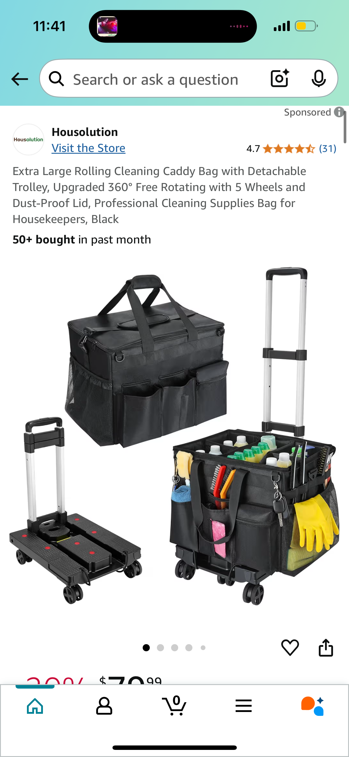 Extra Large Rolling Cleaning Caddy Bag with Detachable Trolley, Upgraded 360° Free Rotating with 5 Wheels and Dust-Proof Lid, Professional Cleaning Supplies Bag for Housekeepers, Black