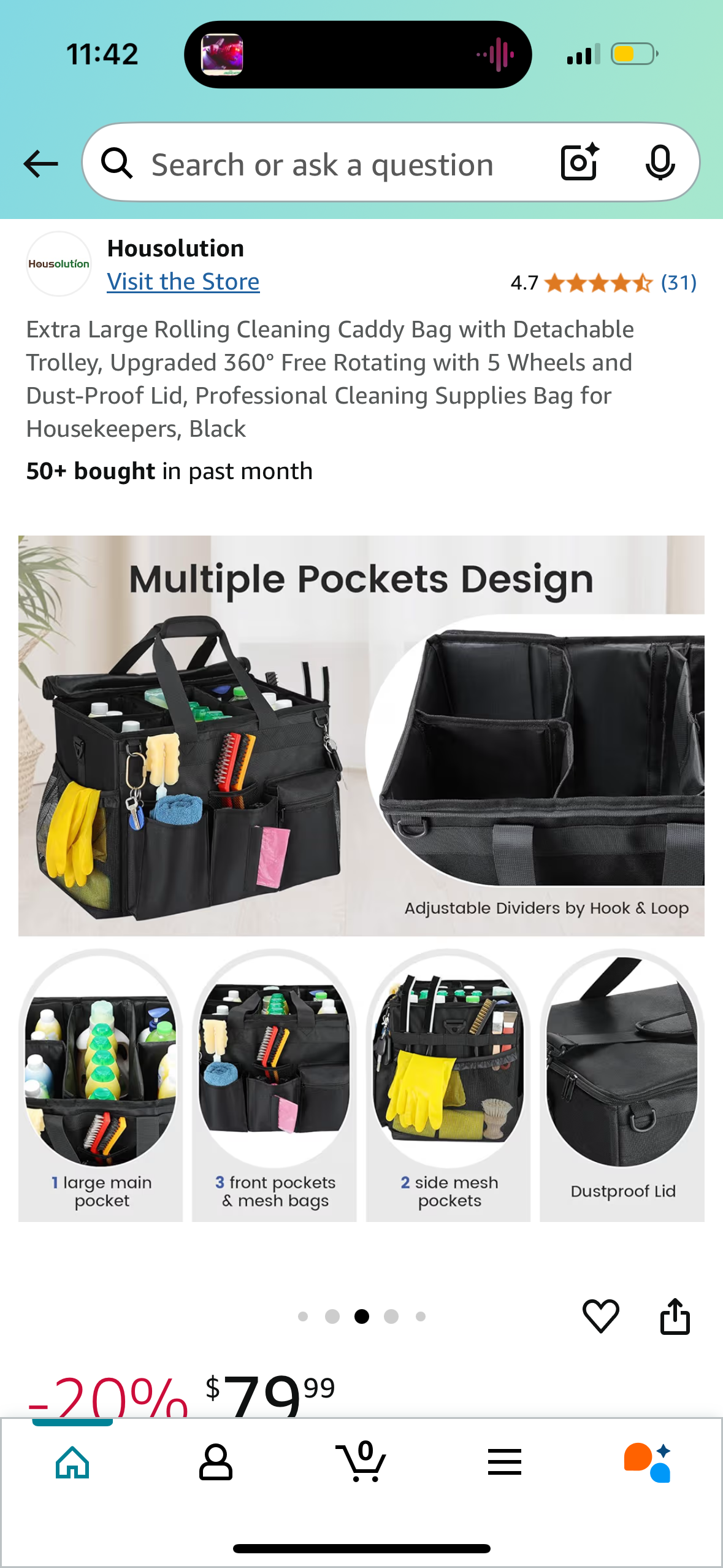 Extra Large Rolling Cleaning Caddy Bag with Detachable Trolley, Upgraded 360° Free Rotating with 5 Wheels and Dust-Proof Lid, Professional Cleaning Supplies Bag for Housekeepers, Black