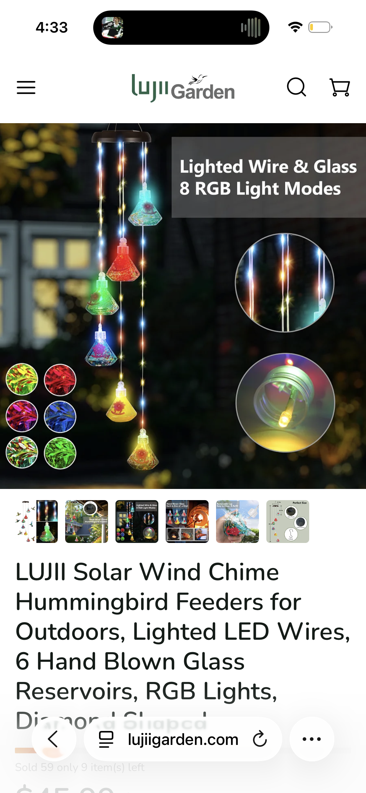 LUJII Solar Wind Chime Hummingbird Feeders for Outdoors, Lighted LED Wires, 6 Hand Blown Glass Reservoirs, RGB Lights, Diamond Shaped