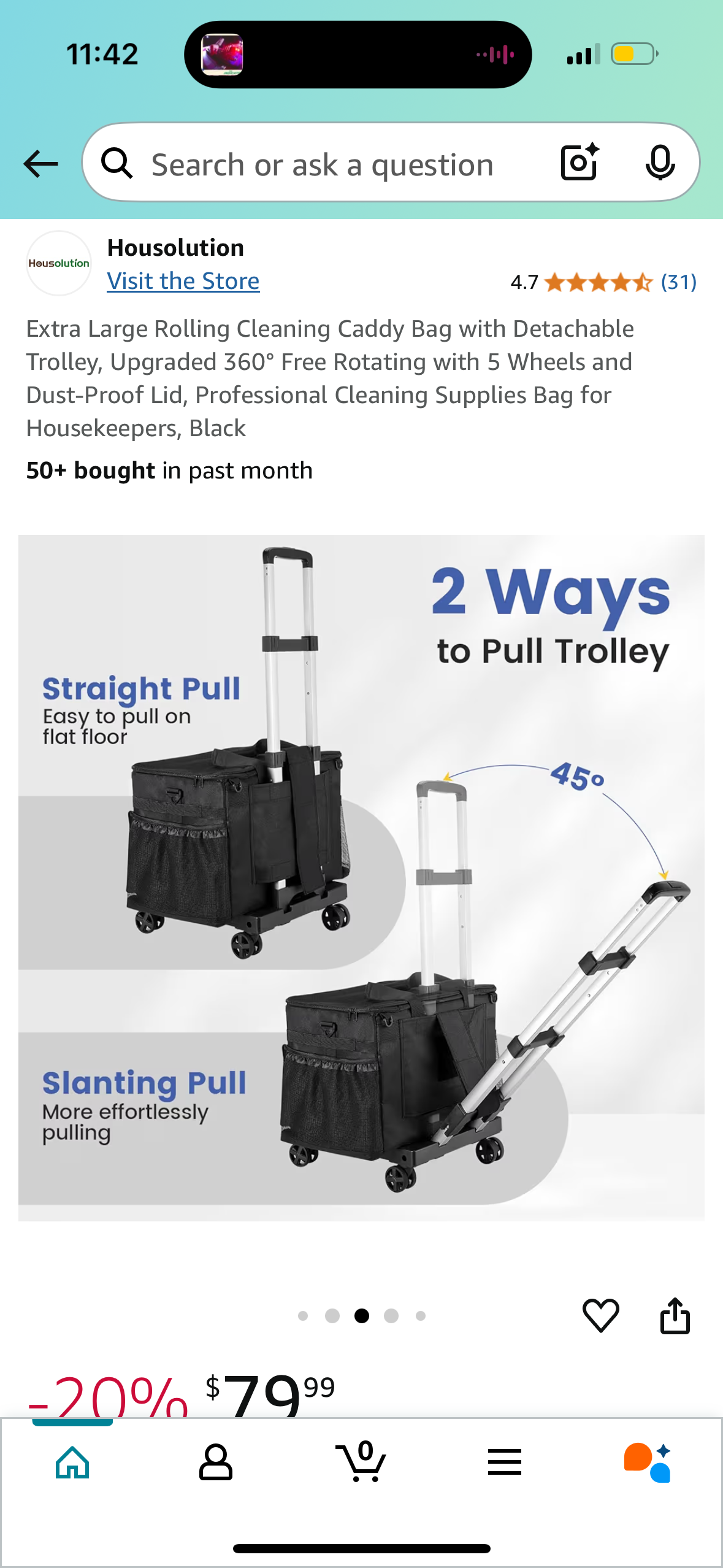 Extra Large Rolling Cleaning Caddy Bag with Detachable Trolley, Upgraded 360° Free Rotating with 5 Wheels and Dust-Proof Lid, Professional Cleaning Supplies Bag for Housekeepers, Black