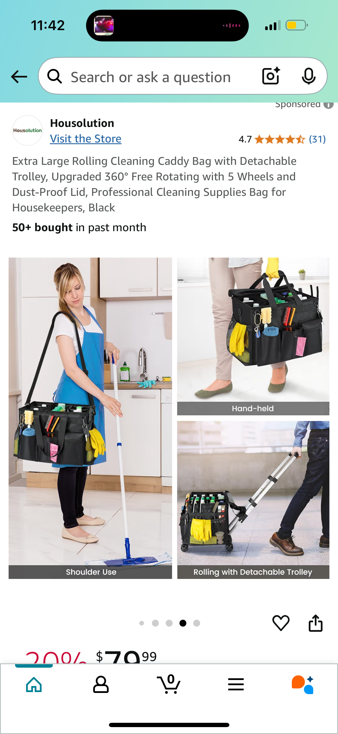Extra Large Rolling Cleaning Caddy Bag with Detachable Trolley, Upgraded 360° Free Rotating with 5 Wheels and Dust-Proof Lid, Professional Cleaning Supplies Bag for Housekeepers, Black