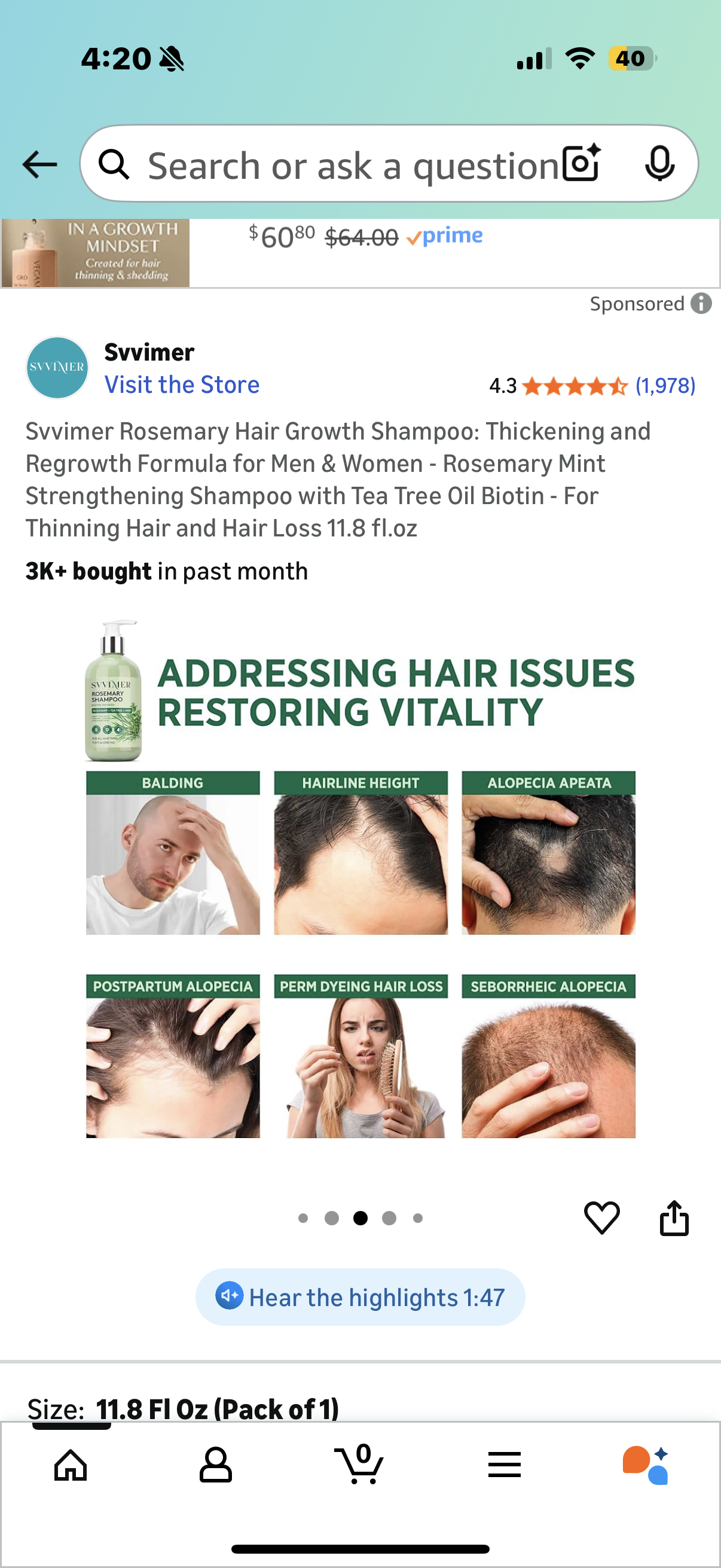 Svvimer Rosemary Hair Growth Shampoo: Thickening and Regrowth Formula for Men & Women - Rosemary Mint Strengthening Shampoo with Tea Tree Oil Biotin - For Thinning Hair and Hair Loss 11.8 fl.oz