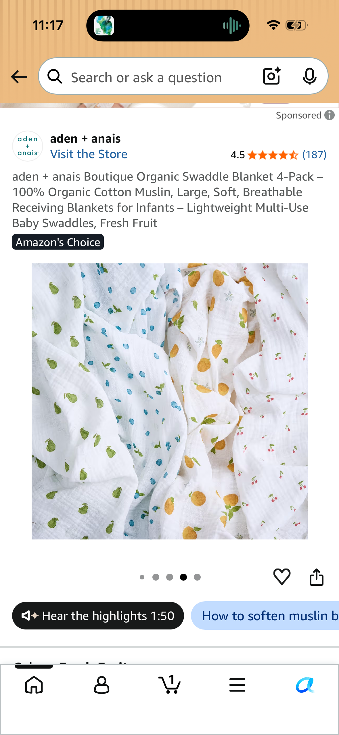 aden + anais Boutique Organic Swaddle Blanket 4-Pack – 100% Organic Cotton Muslin, Large, Soft, Breathable Receiving Blankets for Infants – Lightweight Multi-Use Baby Swaddles, Fresh Fruit