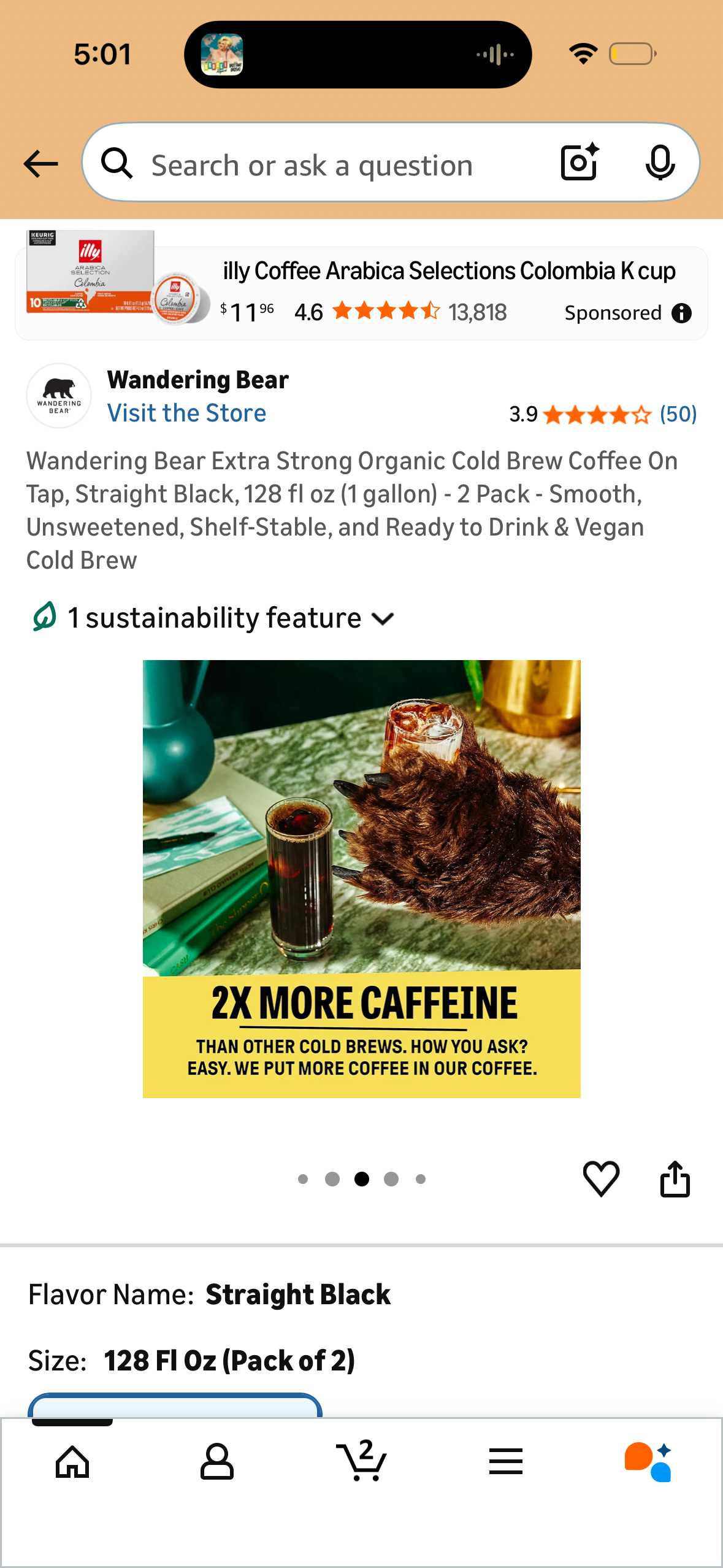 Wandering Bear Extra Strong Organic Cold Brew Coffee On Tap, Straight Black, 128 fl oz (1 gallon) - 2 Pack - Smooth, Unsweetened, Shelf-Stable, and Ready to Drink & Vegan Cold Brew