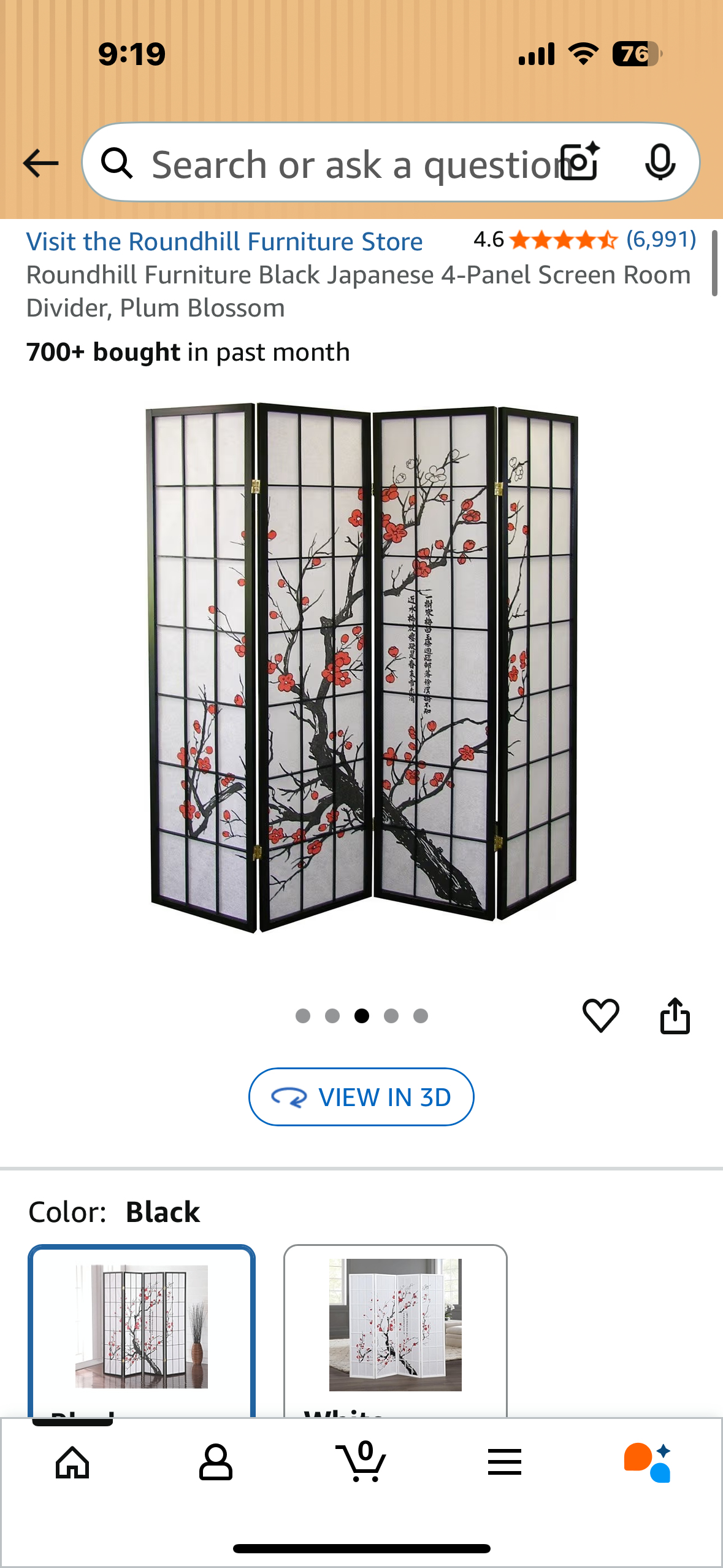 Roundhill Furniture Black Japanese 4-Panel Screen Room Divider, Plum Blossom (L1039)