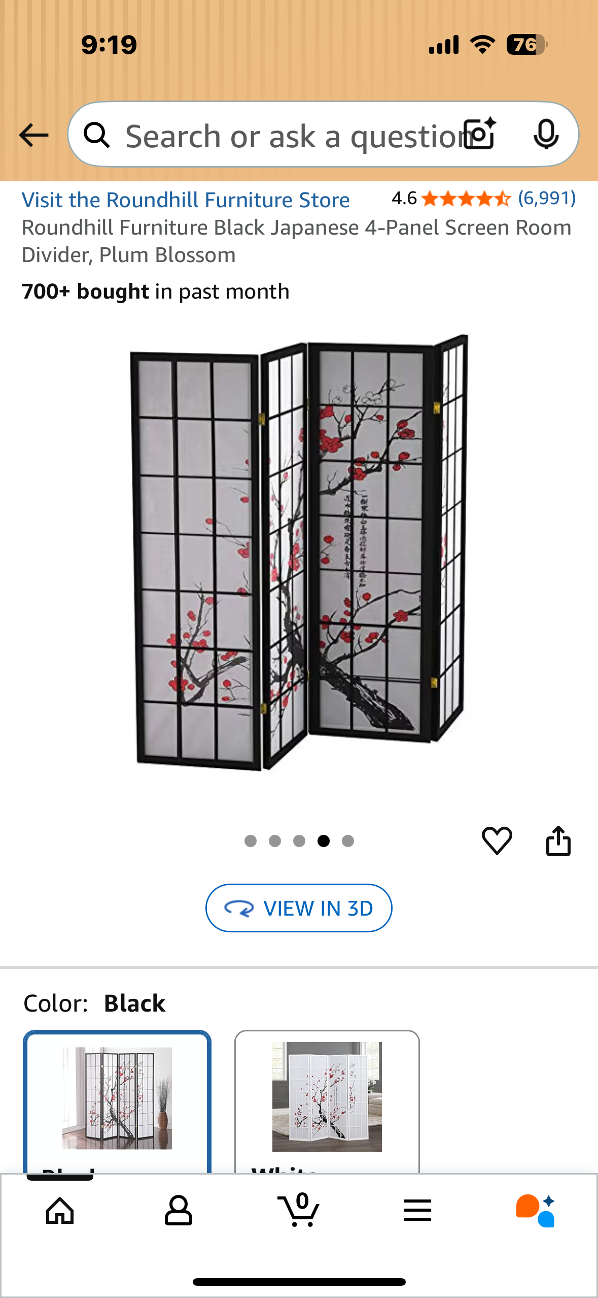 Roundhill Furniture Black Japanese 4-Panel Screen Room Divider, Plum Blossom (L1039)