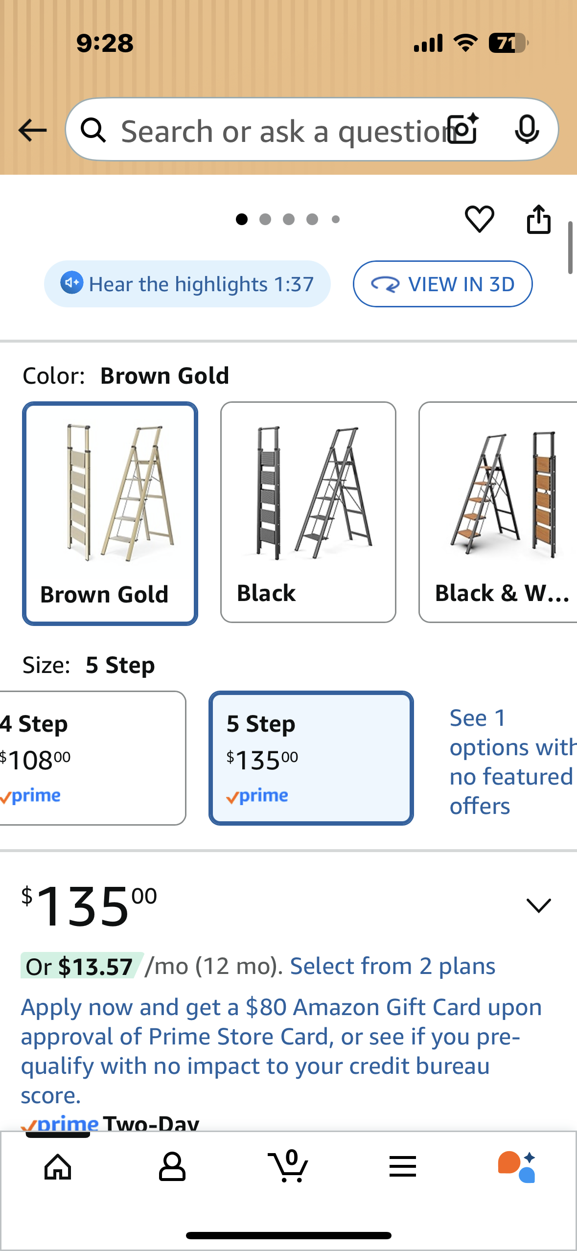 WOA WOA 5 Step Ladder, Anti-Slip Pedals, Aluminum Step Stool, Foldable, Lightweight, Easy to Store, 10ft Reach, 300lbs Capacity- Gold (G874)