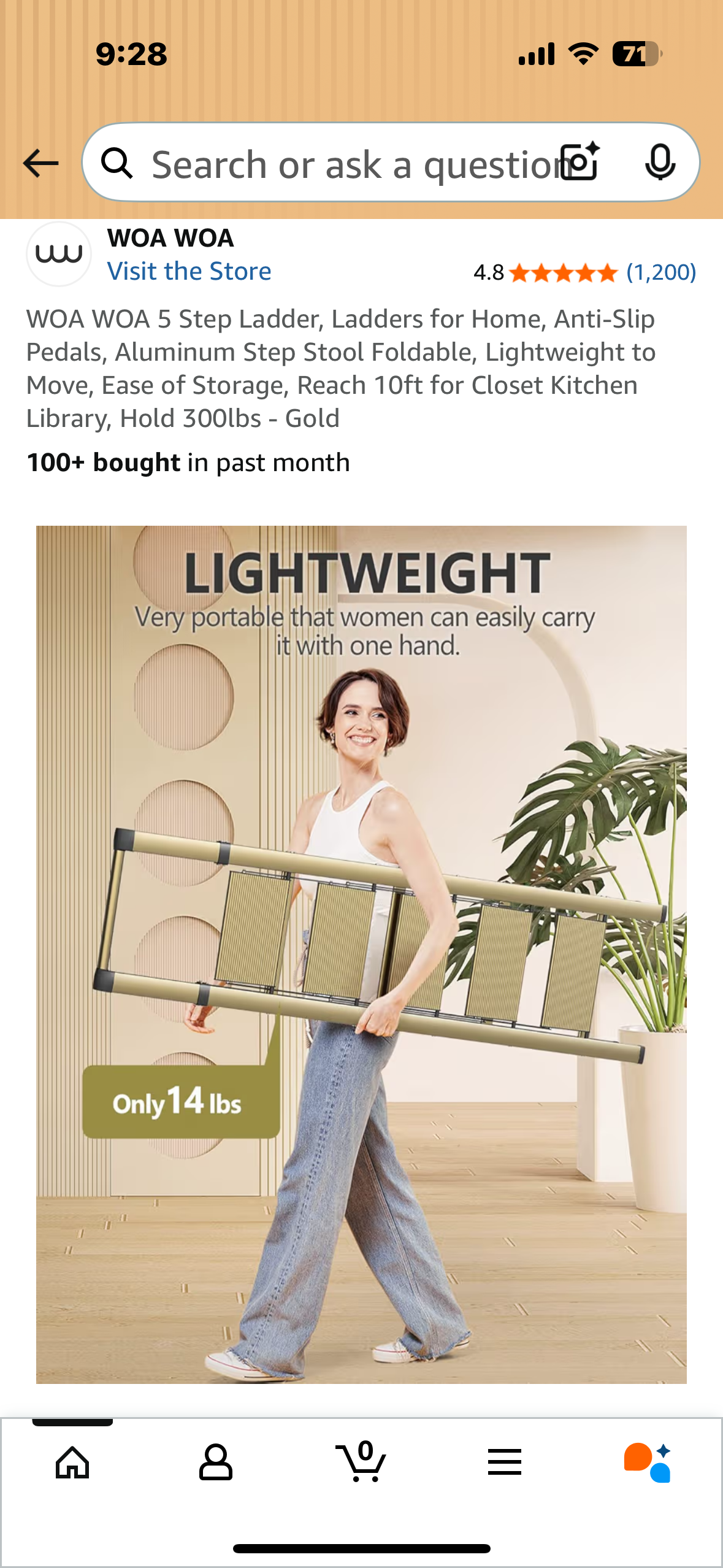 WOA WOA 5 Step Ladder, Anti-Slip Pedals, Aluminum Step Stool, Foldable, Lightweight, Easy to Store, 10ft Reach, 300lbs Capacity- Gold (G874)