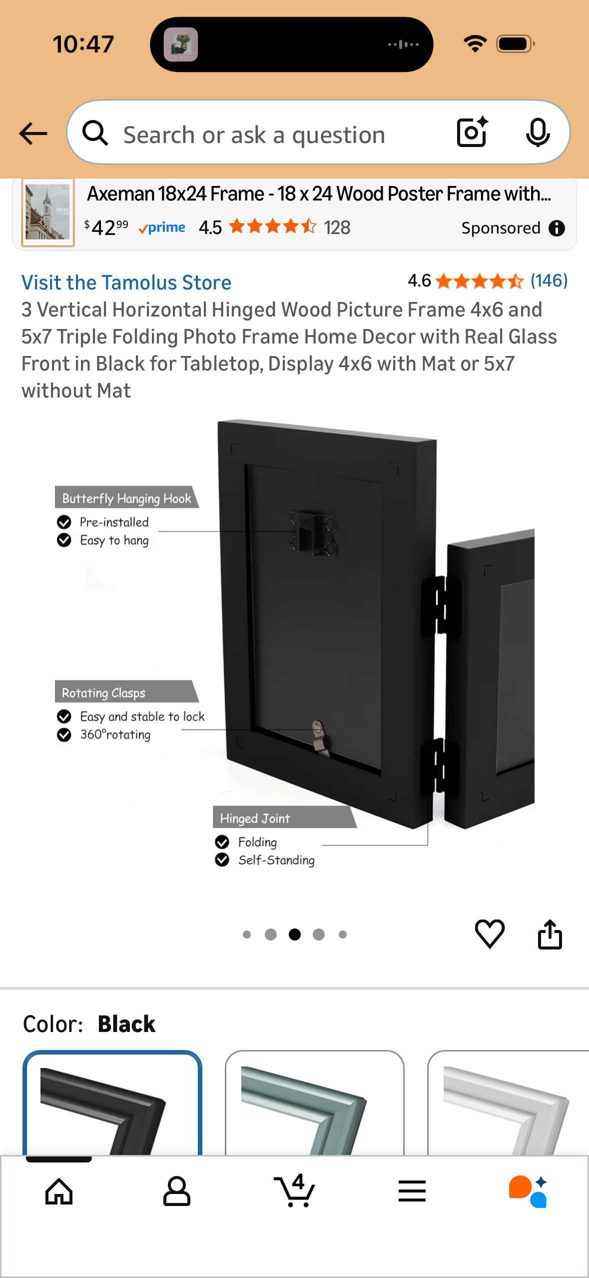 3 Vertical Horizontal Hinged Wood Picture Frame 4x6 and 5x7 Triple Folding Photo Frame Home Decor with Real Glass Front in Black for Tabletop, Display 4x6 with Mat or 5x7 without Mat