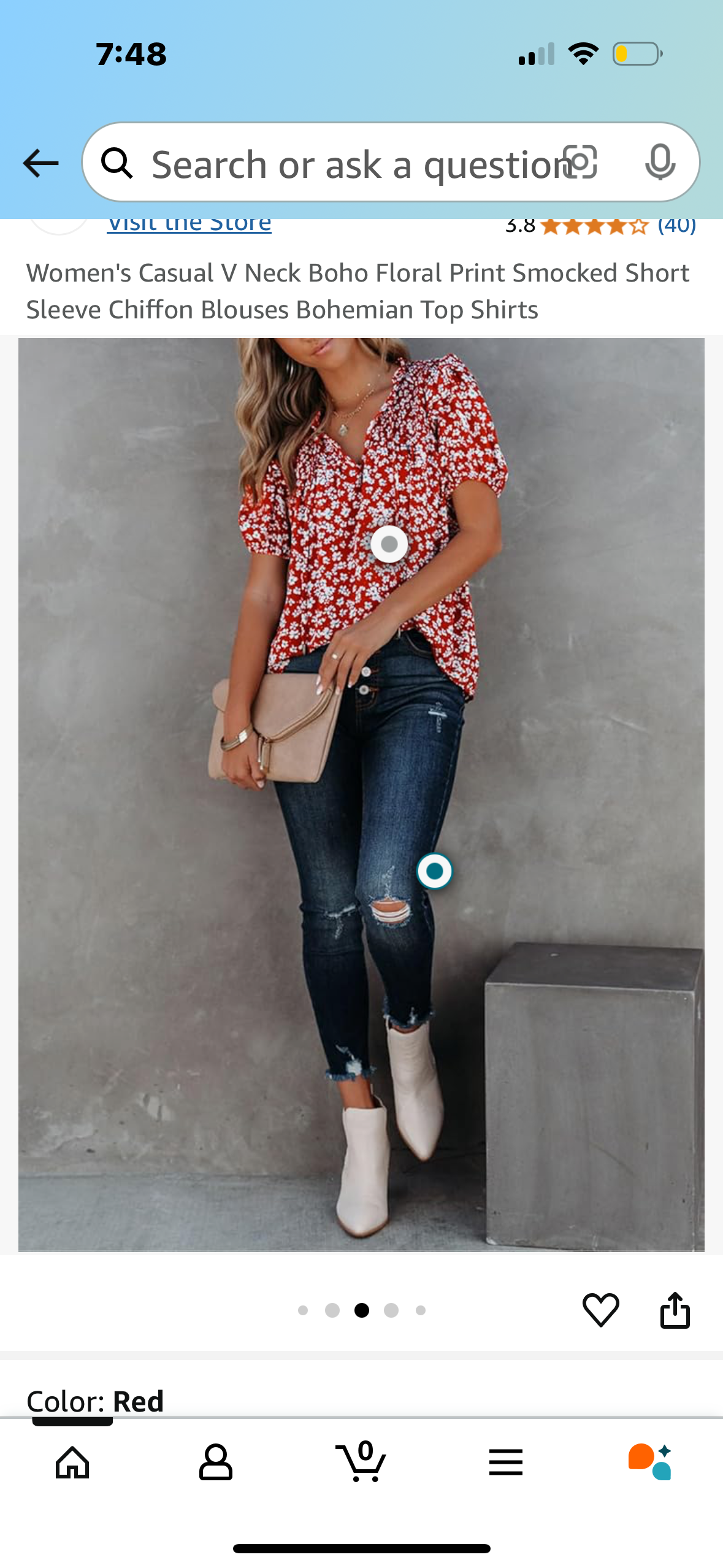 Women's Casual V Neck Boho Floral Print Smocked Short Sleeve Chiffon Blouses Bohemian Top Shirts Size Medium