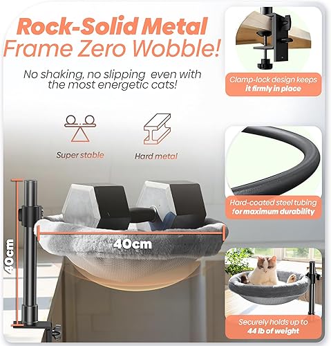 Cat Desk Bed - Rotating & Adjustable, Supports 50 lbs, Soft Faux Fur, Easy Installation, Washable Pet Mat, Modern Indoor Cat Hammock Nest perch Furniture for Office Desks and Game Tables, Island Table