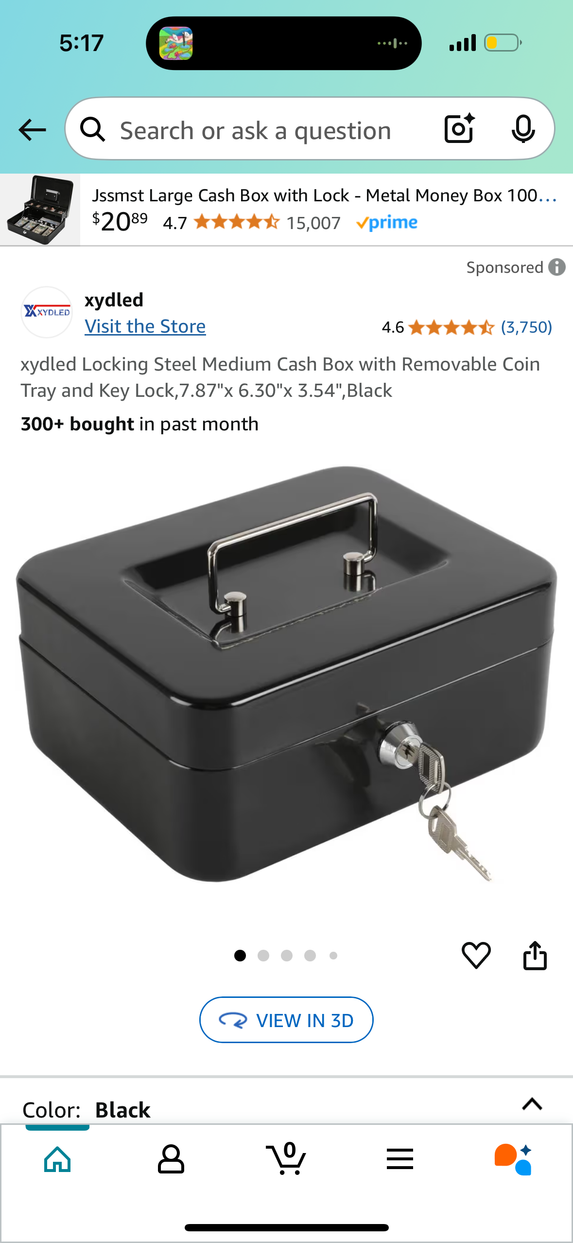 Locking Steel Medium Cash Box with Removable Coin Tray and Key Lock,7.87"x 6.30"x 3.54",Black