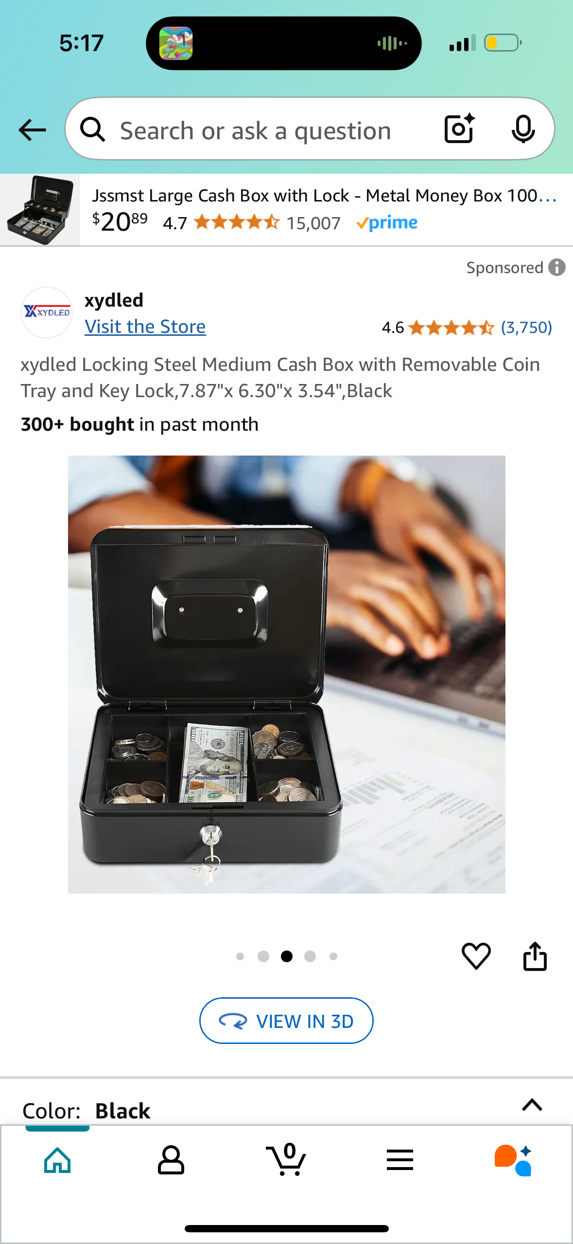 Locking Steel Medium Cash Box with Removable Coin Tray and Key Lock,7.87"x 6.30"x 3.54",Black
