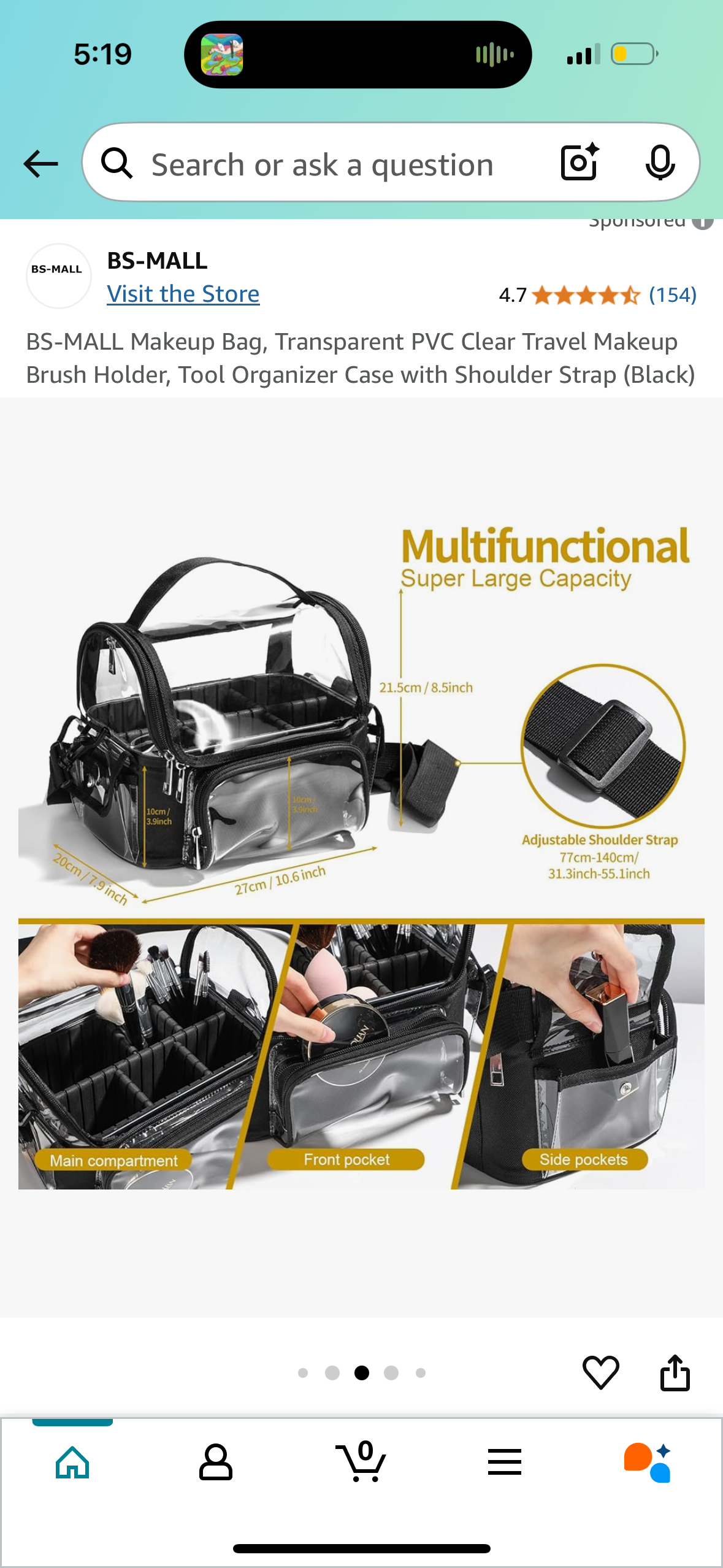 Makeup Bag, Transparent PVC Clear Travel Makeup Brush Holder, Tool Organizer Case with Shoulder Strap (Black)